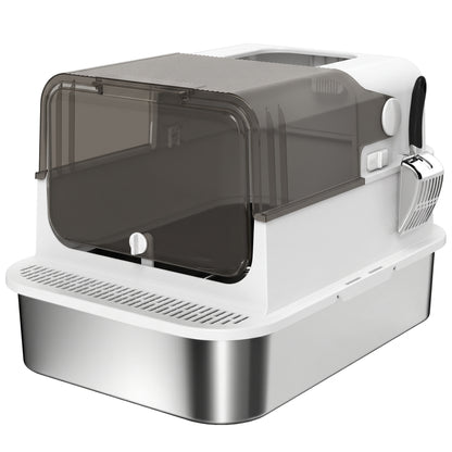 XXL Stainless Steel Enclosed Cat Litter Box – Flip-Top Hood, High Sides, Top Entry, Scoop, Odor Control, Easy to Clean, Leakproof, White