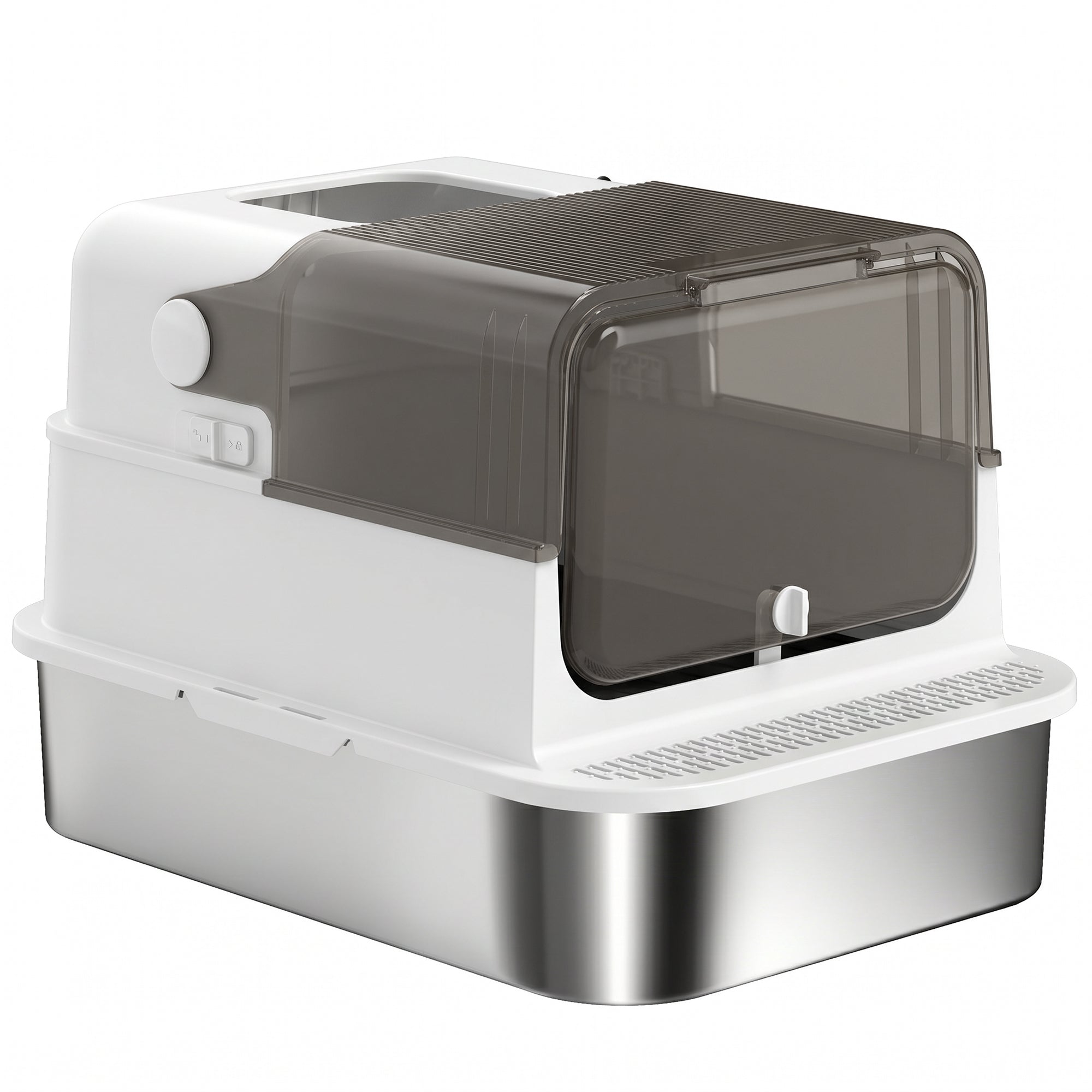 XXL Stainless Steel Enclosed Cat Litter Box – Flip-Top Hood, High Sides, Top Entry, Scoop, Odor Control, Easy to Clean, Leakproof, White