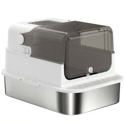 XXL Stainless Steel Enclosed Cat Litter Box – Flip-Top Hood, High Sides, Top Entry, Scoop, Odor Control, Easy to Clean, Leakproof, White