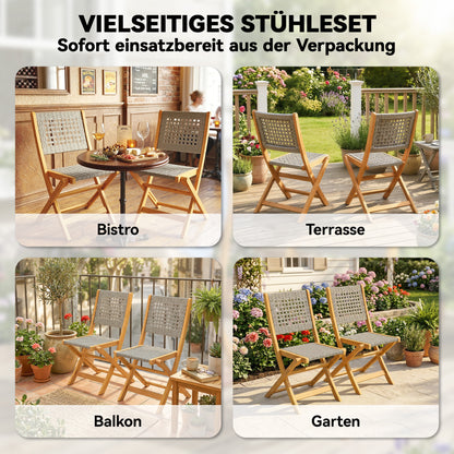 Garden Chairs 2-Pack — FSC Folding Acacia Chairs with Breathable Seat, Solid Wood & Polyrattan Balcony Set, Gray