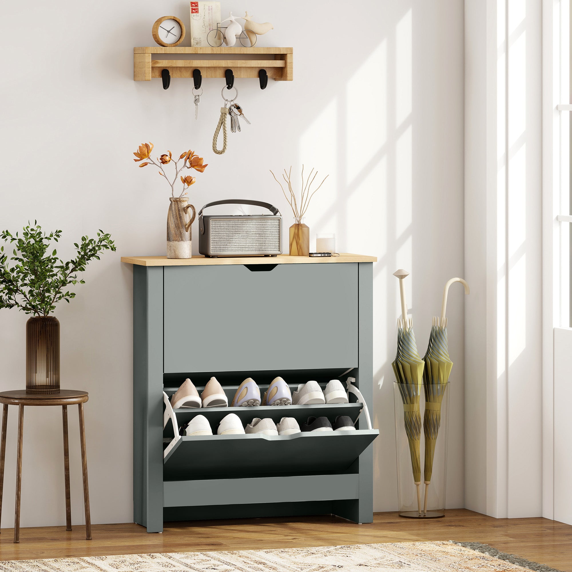 Shoe Cabinet with 2 Flip Drawers – Slim Shoe Rack with Adjustable Divider for up to 12 Pairs, 28.3 x 10.2 x 31.5 in, Light Gray