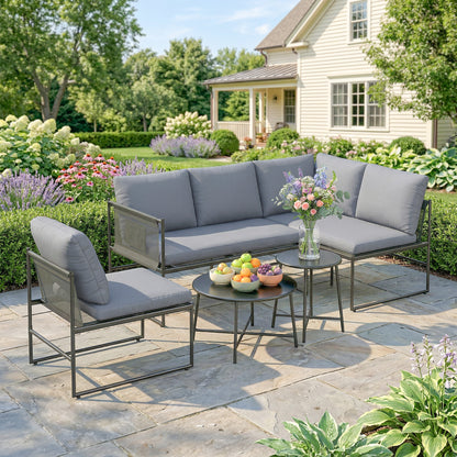 5-Piece Outdoor Lounge Set for 4–5 – Modular L-Shaped Sofa, Armless Chair, 2 Coffee Tables, Washable Cushions, Breathable Mesh Seats – Dark Gray