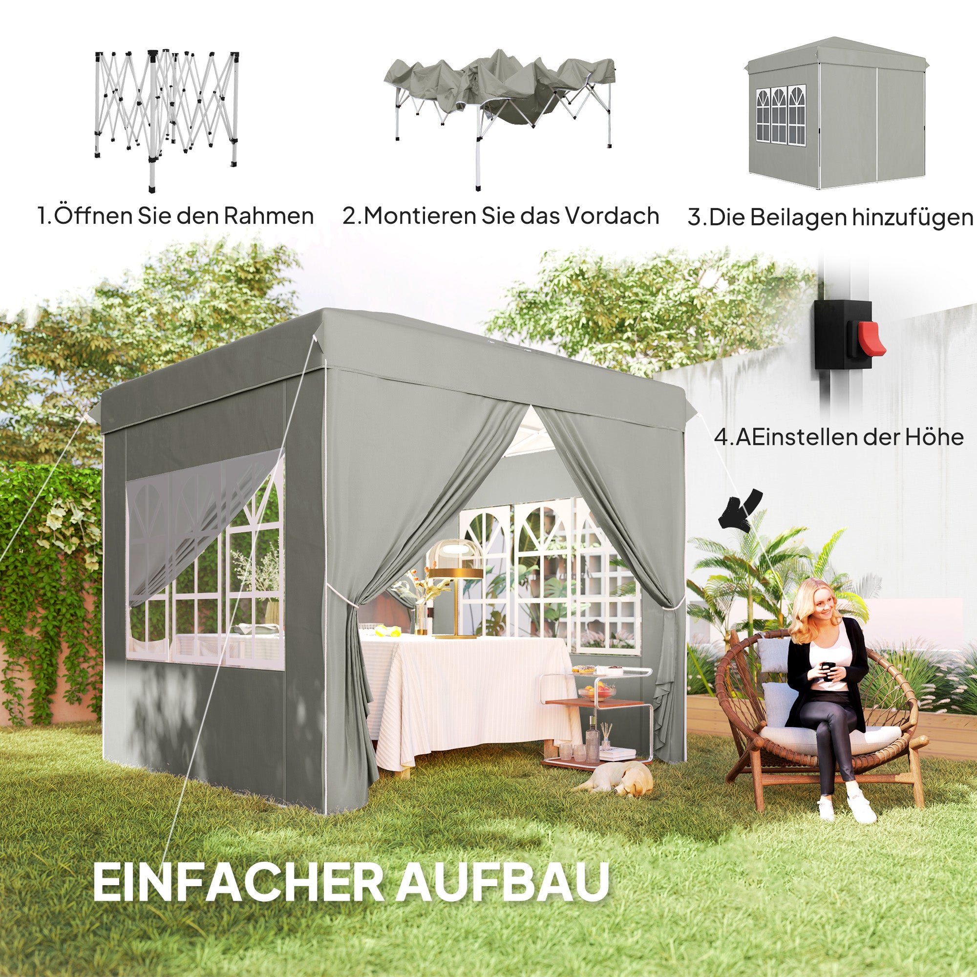 Pavilion 2.5x2.5m, Waterproof Sturdy Winterproof Pop-up Folding Pavilion, UV Protection 50+, Foldable Party Tent Garden Tent with 4 Side Panels Bag Garden Pavilion for Camping Garden, Light Grey