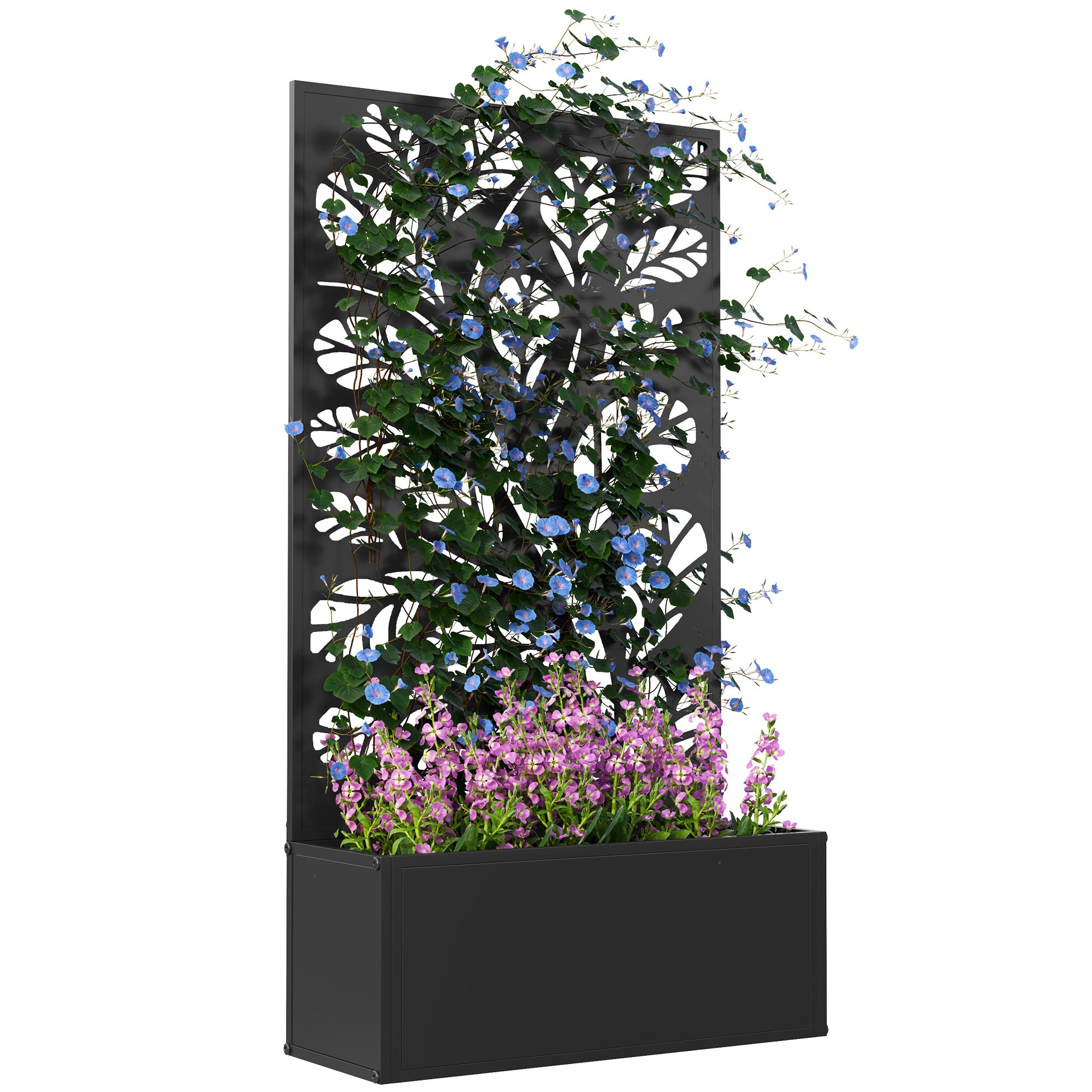 Raised Metal Planter with Branch & Leaf Trellis — Indoor/Outdoor Flower Bed for Climbing Plants, 24 x 9 x 44.5 in, Black