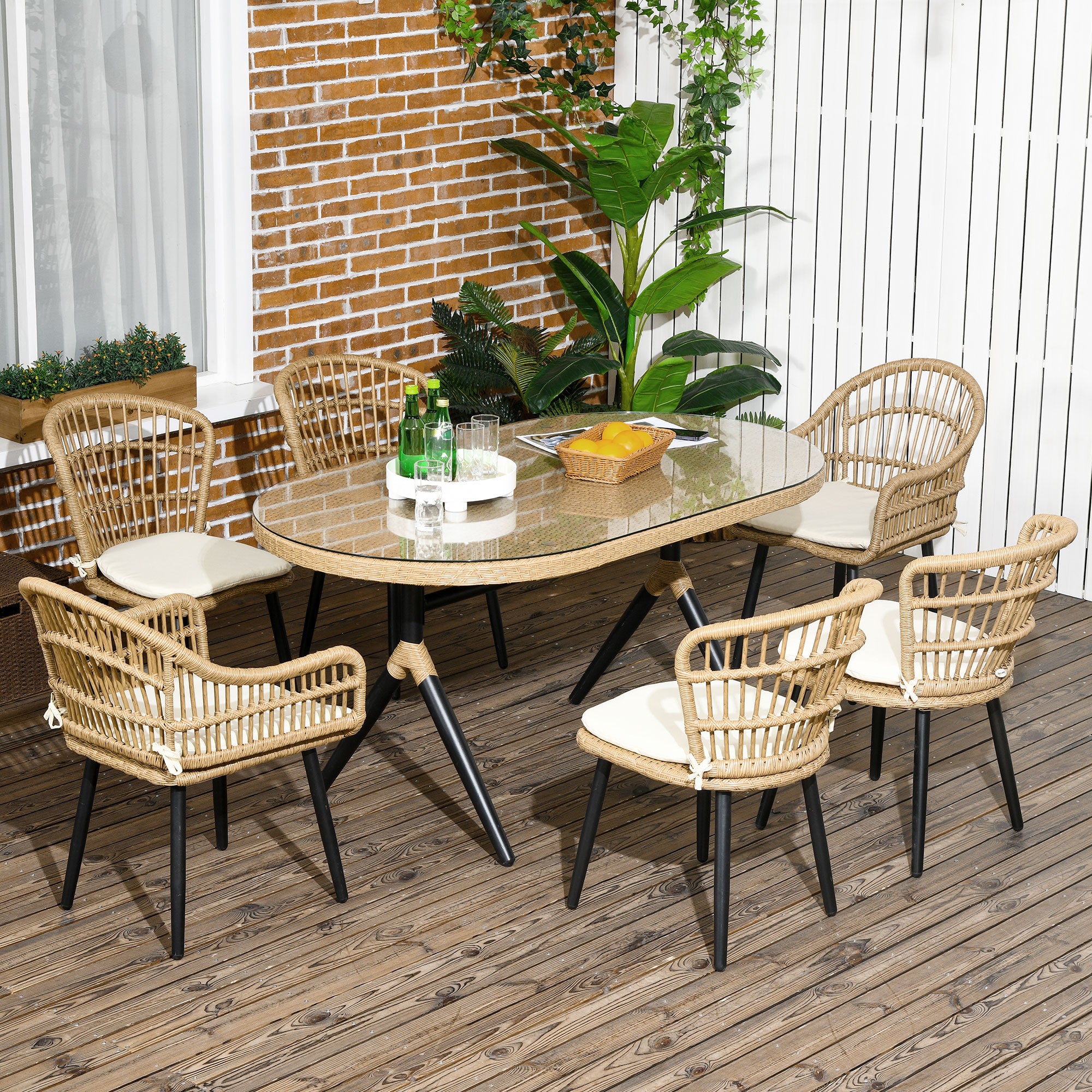 Outdoor Garden Lounge Set 6 Seater Rattan Dining Set - 1 Rectangular Table and 6 Chairs with Cushions - Tempered Glass Top, Steel Frame, Natural Wood