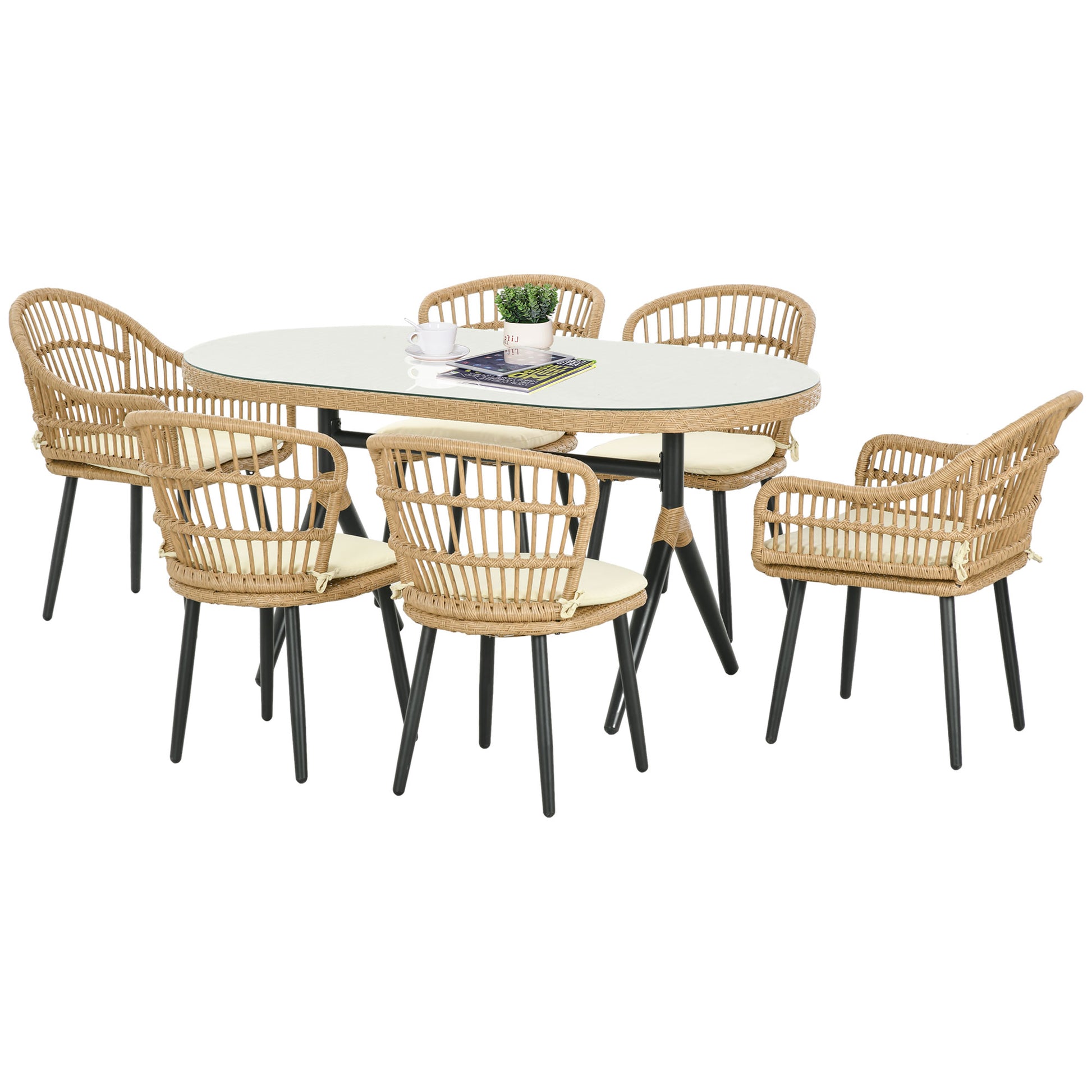 Outdoor Garden Lounge Set 6 Seater Rattan Dining Set - 1 Rectangular Table and 6 Chairs with Cushions - Tempered Glass Top, Steel Frame, Natural Wood