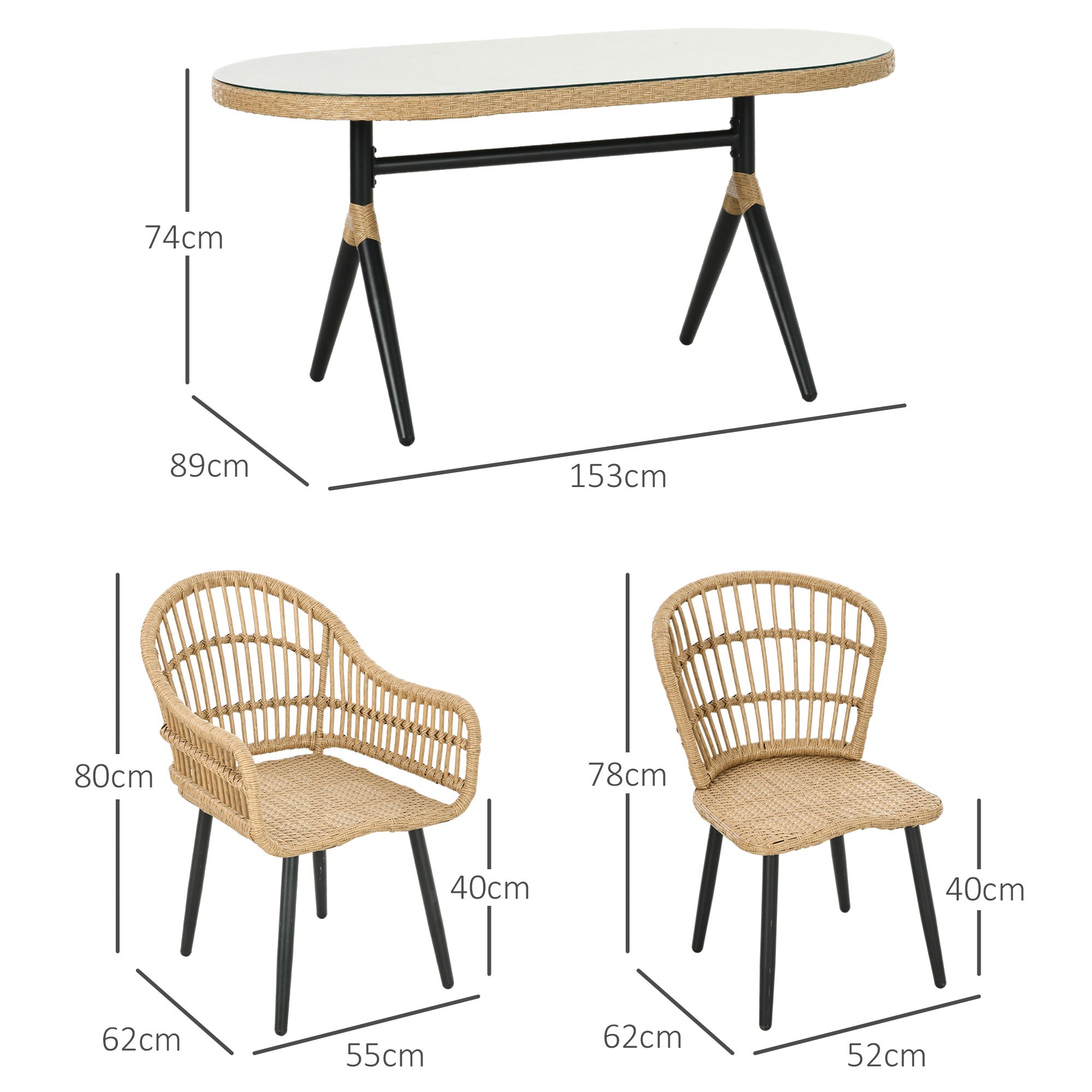 Outdoor Garden Lounge Set 6 Seater Rattan Dining Set - 1 Rectangular Table and 6 Chairs with Cushions - Tempered Glass Top, Steel Frame, Natural Wood