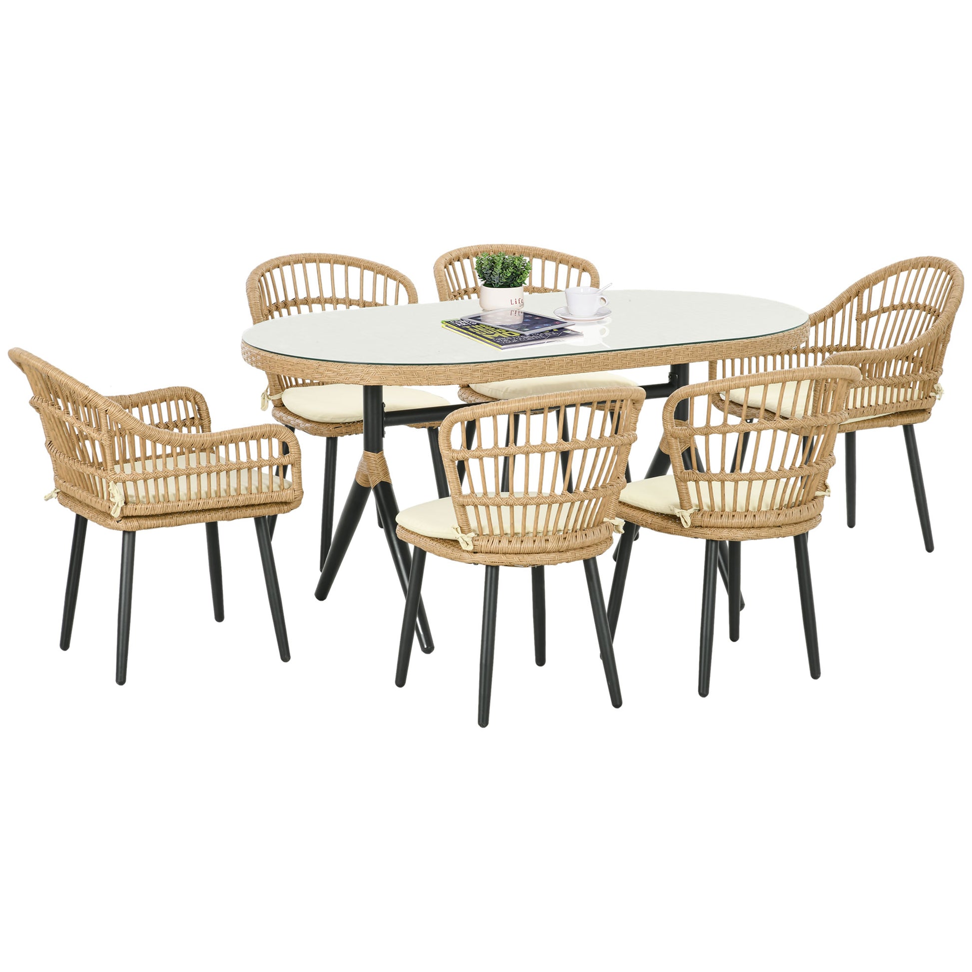 Outdoor Garden Lounge Set 6 Seater Rattan Dining Set - 1 Rectangular Table and 6 Chairs with Cushions - Tempered Glass Top, Steel Frame, Natural Wood