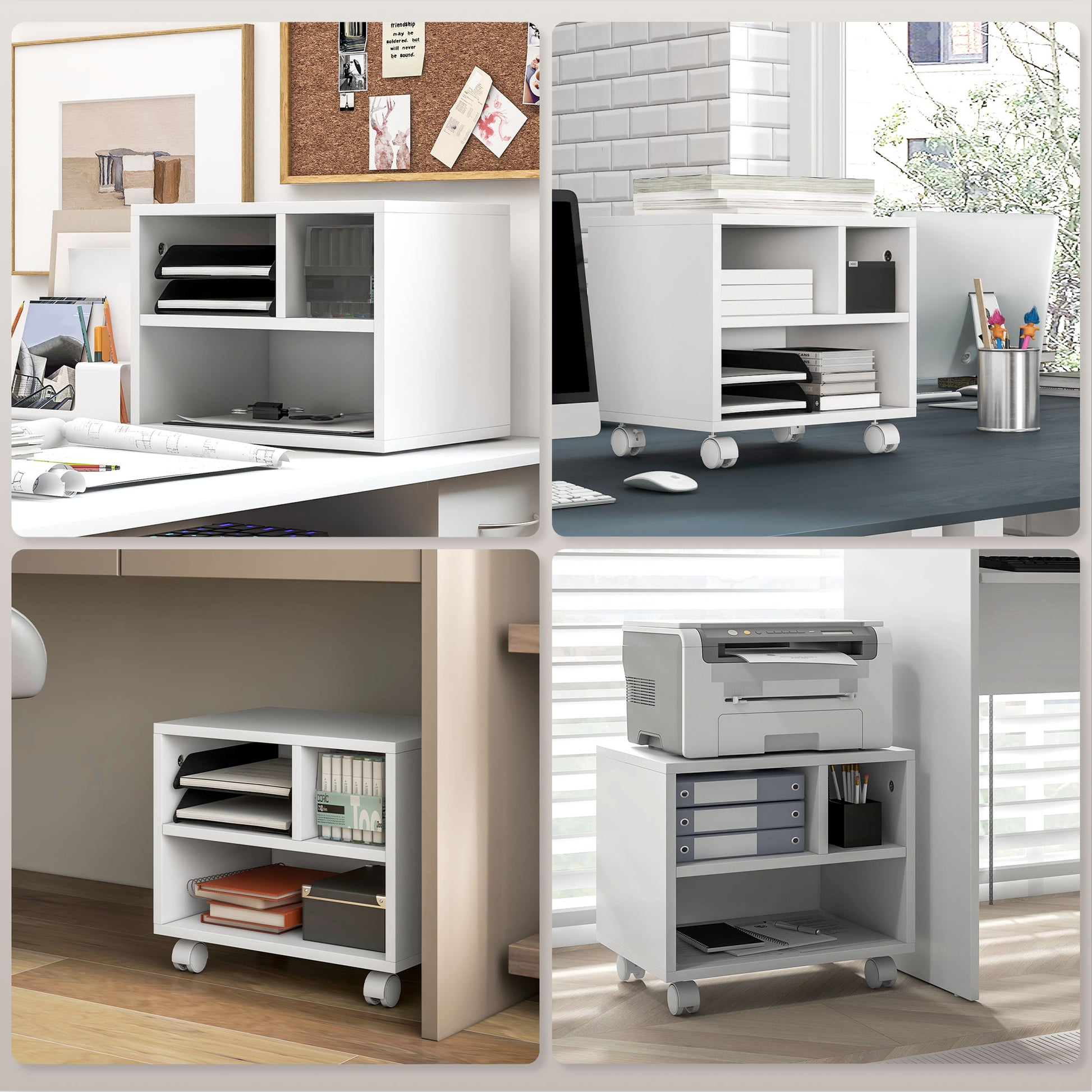 Printer Stand Storage Furniture Office Cabinet Organizer with 4 open compartments - dimensions 40L x 30W x 36H cm - in white wood