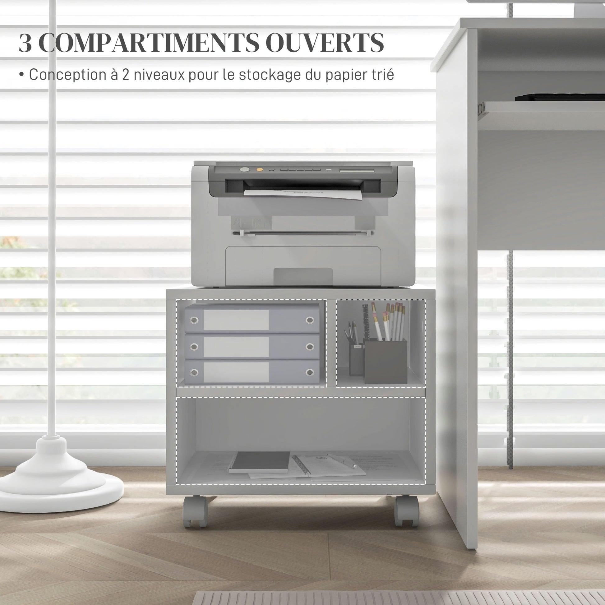 Printer Stand Storage Furniture Office Cabinet Organizer with 4 open compartments - dimensions 40L x 30W x 36H cm - in white wood
