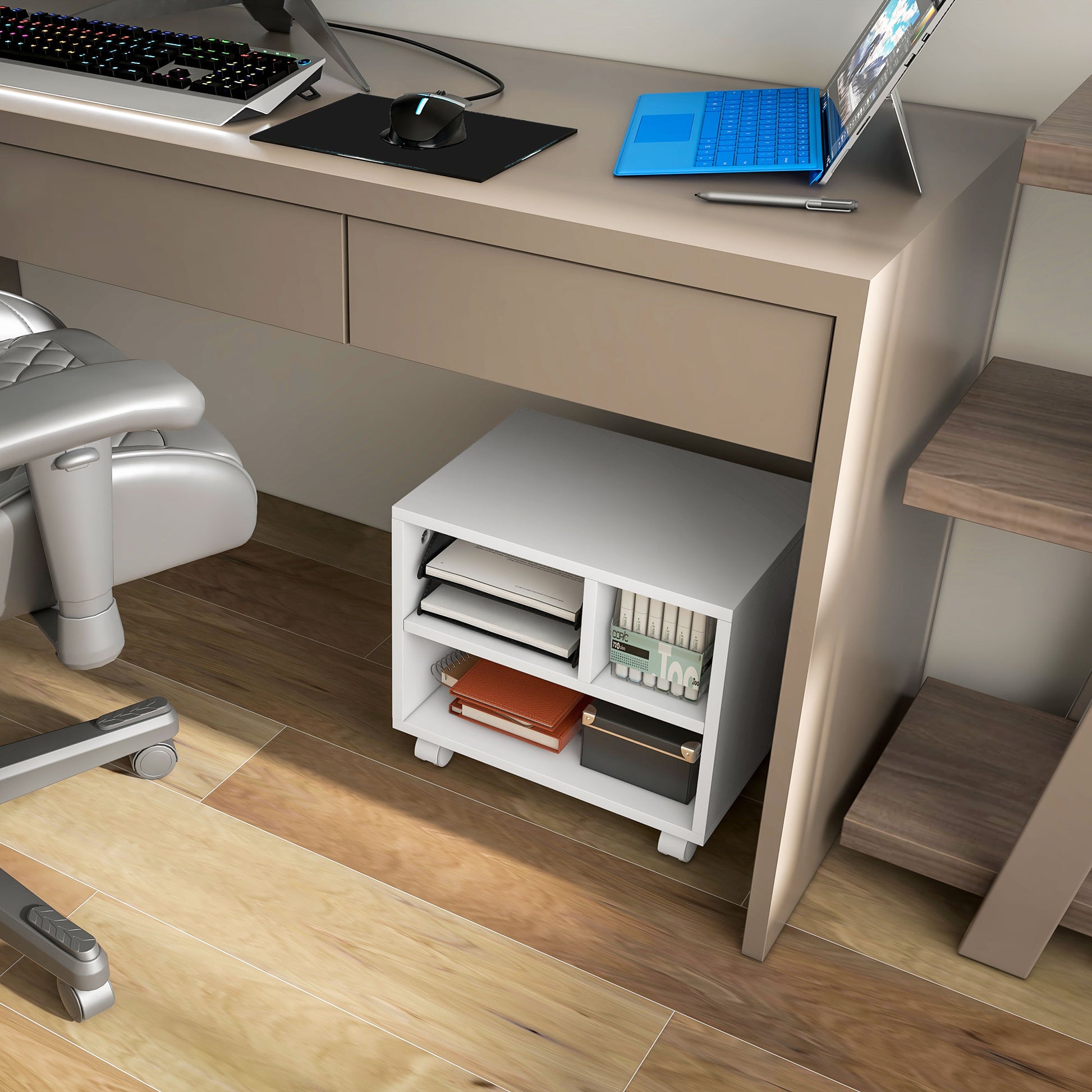 Printer Stand Storage Furniture Office Cabinet Organizer with 4 open compartments - dimensions 40L x 30W x 36H cm - in white wood