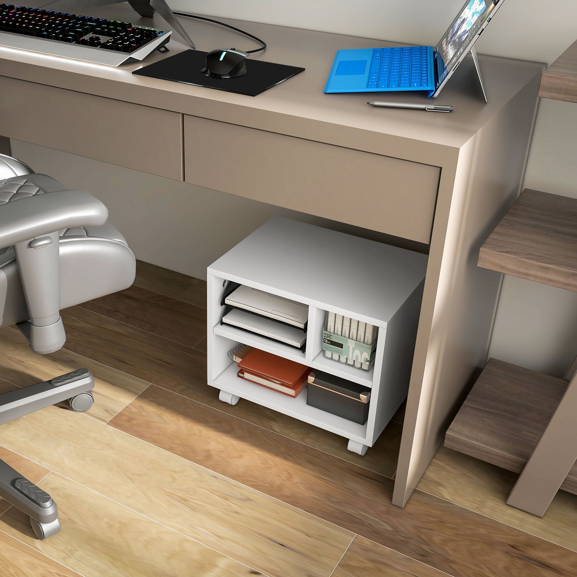 Printer Stand Storage Furniture Office Cabinet Organizer with 4 open compartments - dimensions 40L x 30W x 36H cm - in white wood