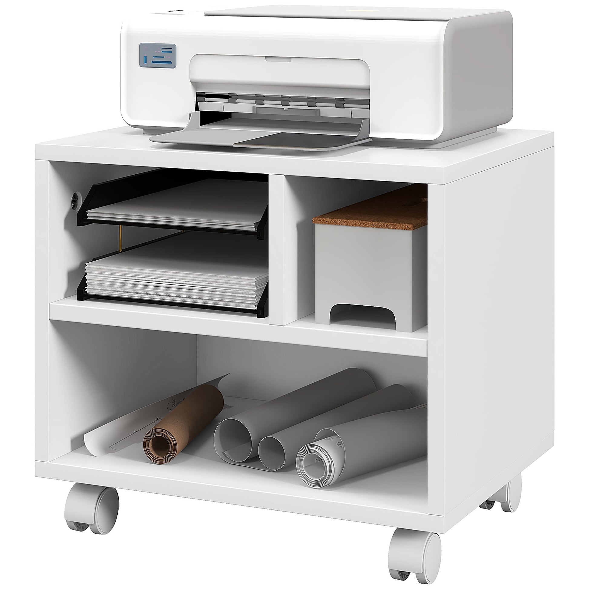 Printer Stand Storage Furniture Office Cabinet Organizer with 4 open compartments - dimensions 40L x 30W x 36H cm - in white wood