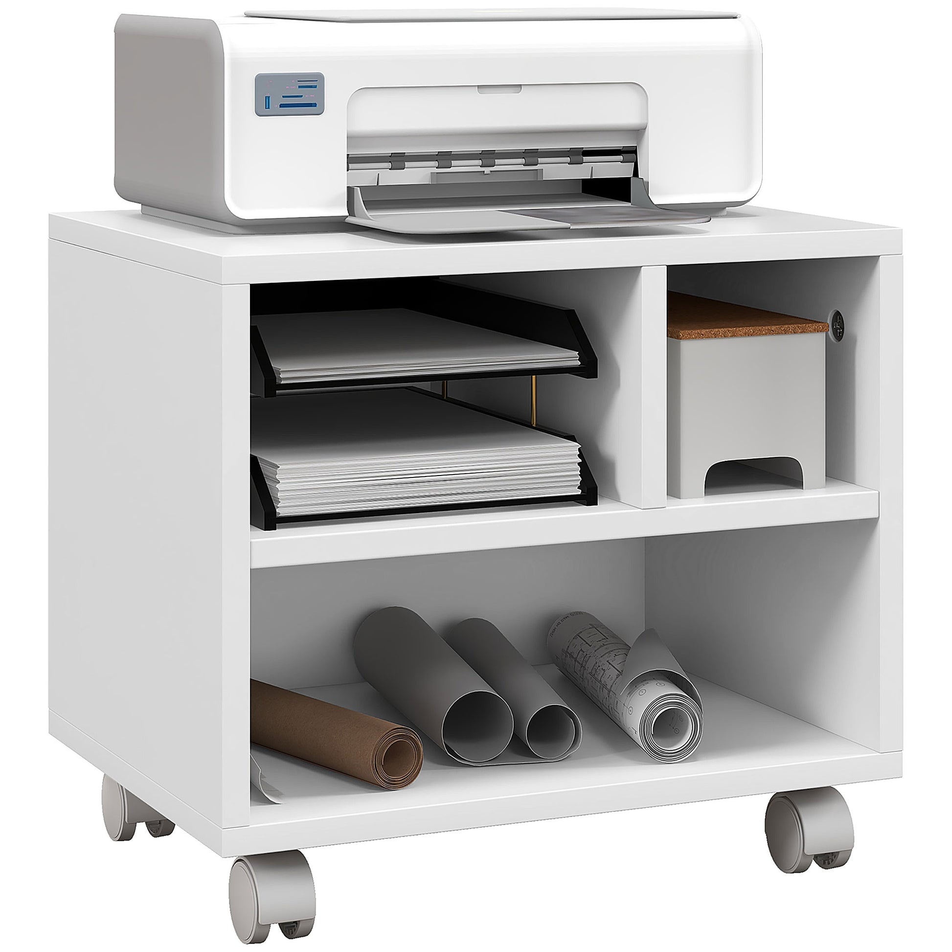 Printer Stand Storage Furniture Office Cabinet Organizer with 4 open compartments - dimensions 40L x 30W x 36H cm - in white wood