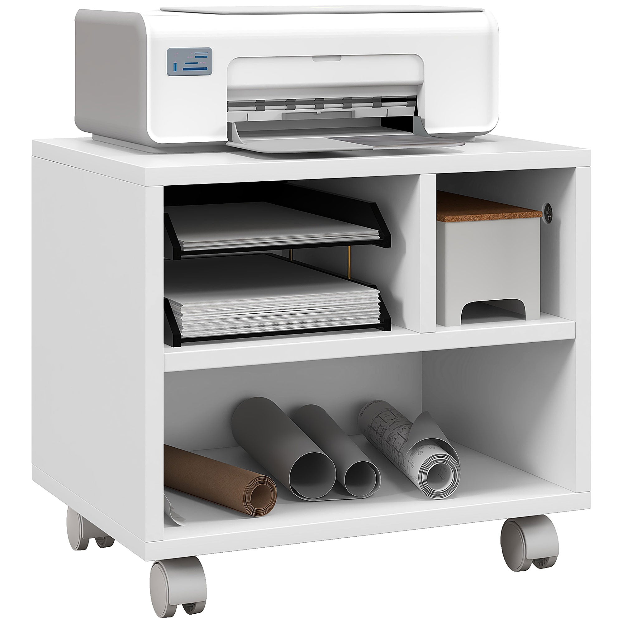 Printer Stand Storage Furniture Office Cabinet Organizer with 4 open compartments - dimensions 40L x 30W x 36H cm - in white wood