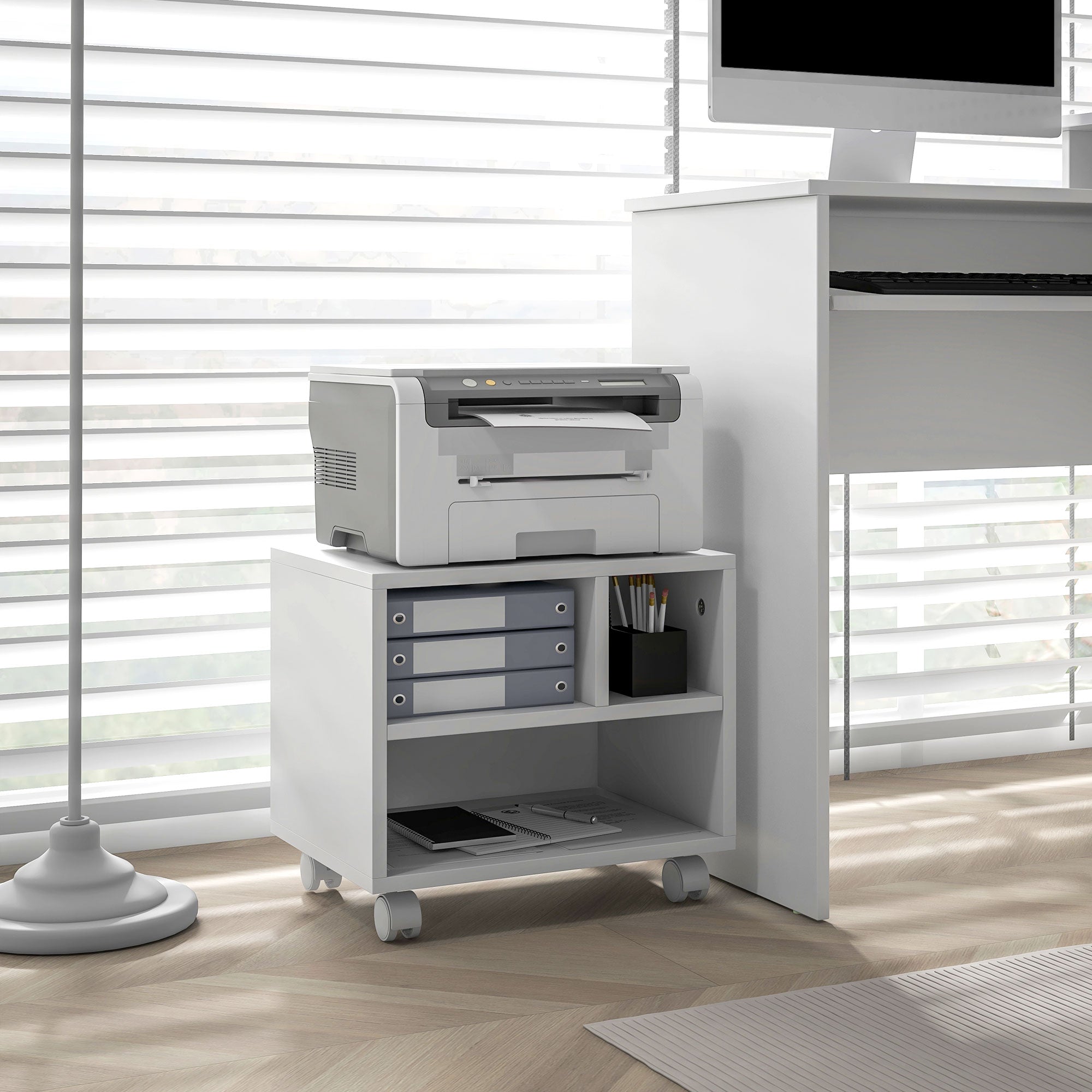 Printer Stand Storage Furniture Office Cabinet Organizer with 4 open compartments - dimensions 40L x 30W x 36H cm - in white wood