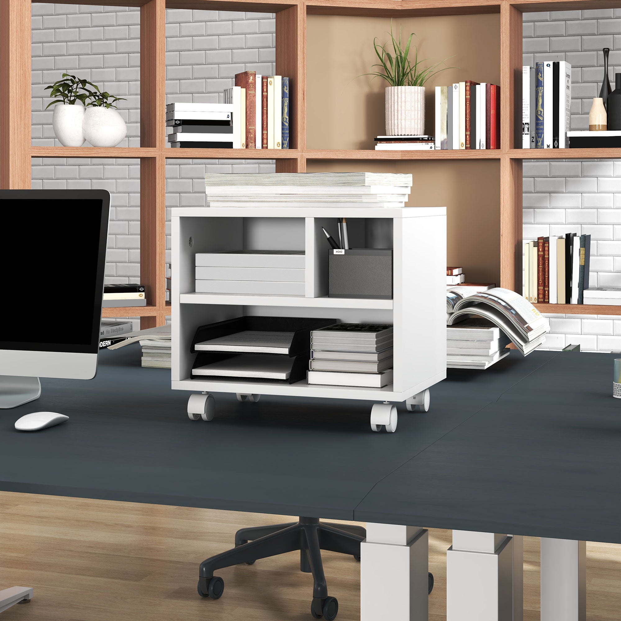 Printer Stand Storage Furniture Office Cabinet Organizer with 4 open compartments - dimensions 40L x 30W x 36H cm - in white wood