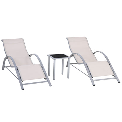 Set of 2 Garden Loungers with Tempered Glass Side Table Loungers with Backrest Armrests for Outdoor Patio Poolside Beige