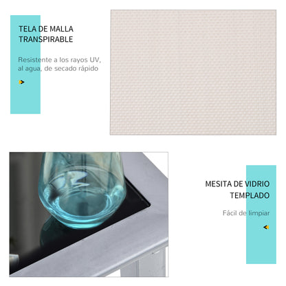 Set of 2 Garden Loungers with Tempered Glass Side Table Loungers with Backrest Armrests for Outdoor Patio Poolside Beige