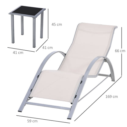 Set of 2 Garden Loungers with Tempered Glass Side Table Loungers with Backrest Armrests for Outdoor Patio Poolside Beige