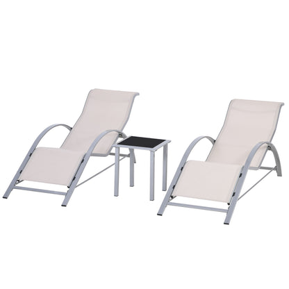 Set of 2 Garden Loungers with Tempered Glass Side Table Loungers with Backrest Armrests for Outdoor Patio Poolside Beige