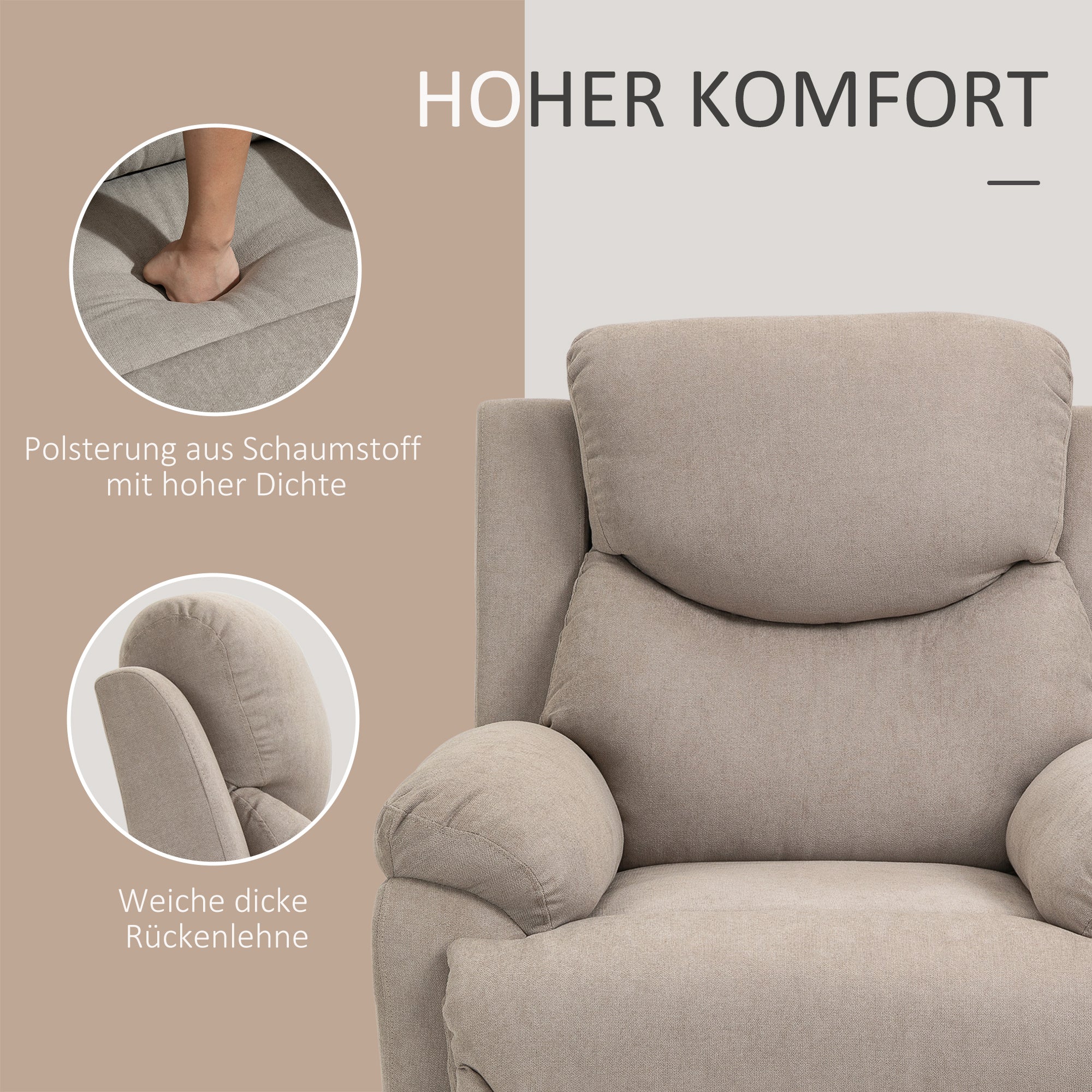 Relax Armchair Single Sofa 150° Reclining TV Armchair Recliner TV Chair with Sleeper Function for Living Room Linen Beige 93 x 88 x 102 cm