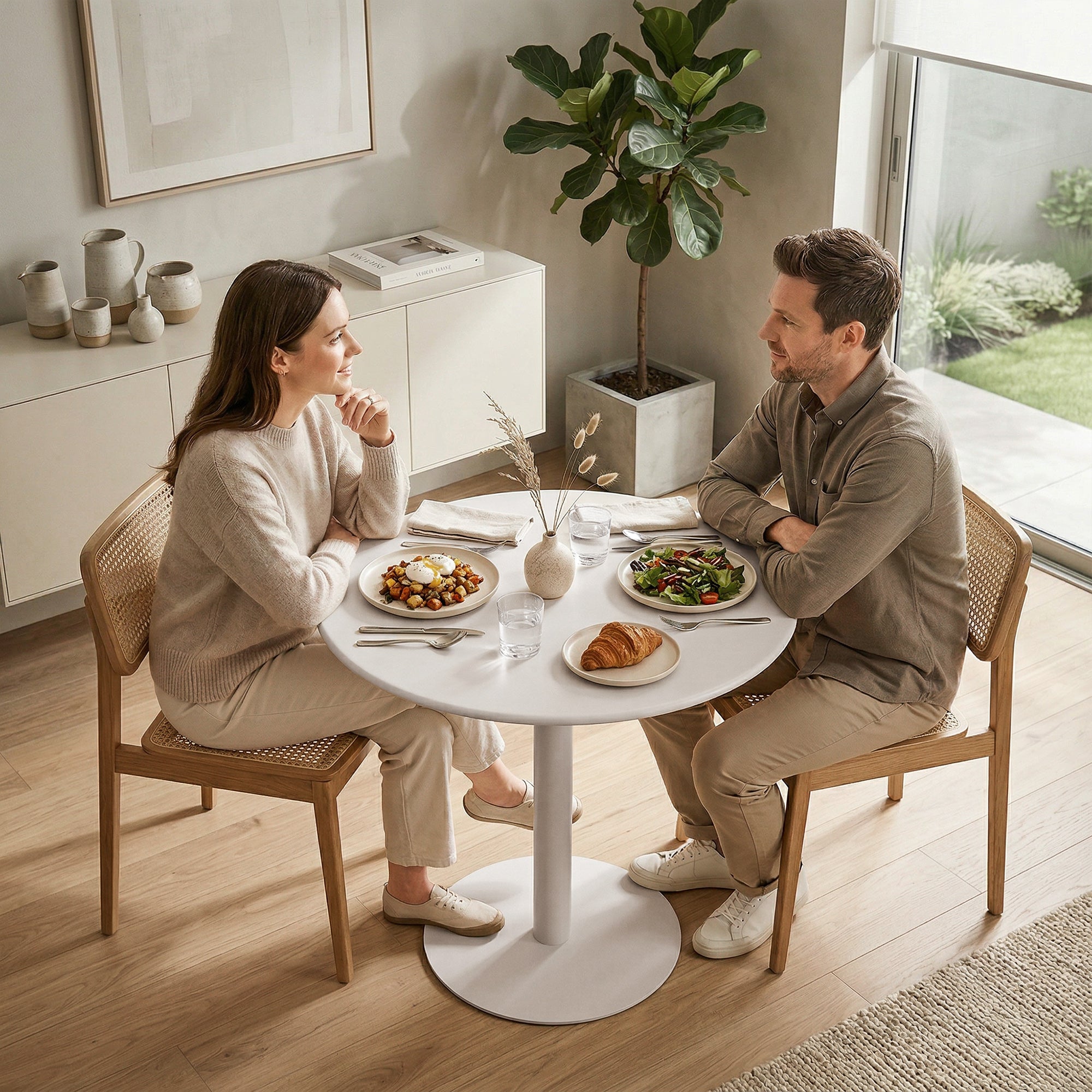 24 in Round Dining Table for 2 – Small Modern Kitchen, Dining & Bistro Table, Beige Steel