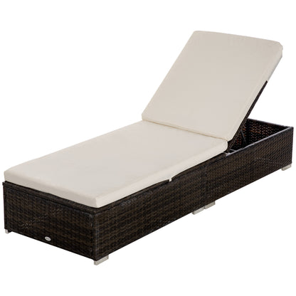 Rattan PE Sun Lounger with 5-Position Reclining Backrest, Garden Lounger with Removable Cushions, Brown