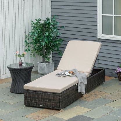 Rattan PE Sun Lounger with 5-Position Reclining Backrest, Garden Lounger with Removable Cushions, Brown