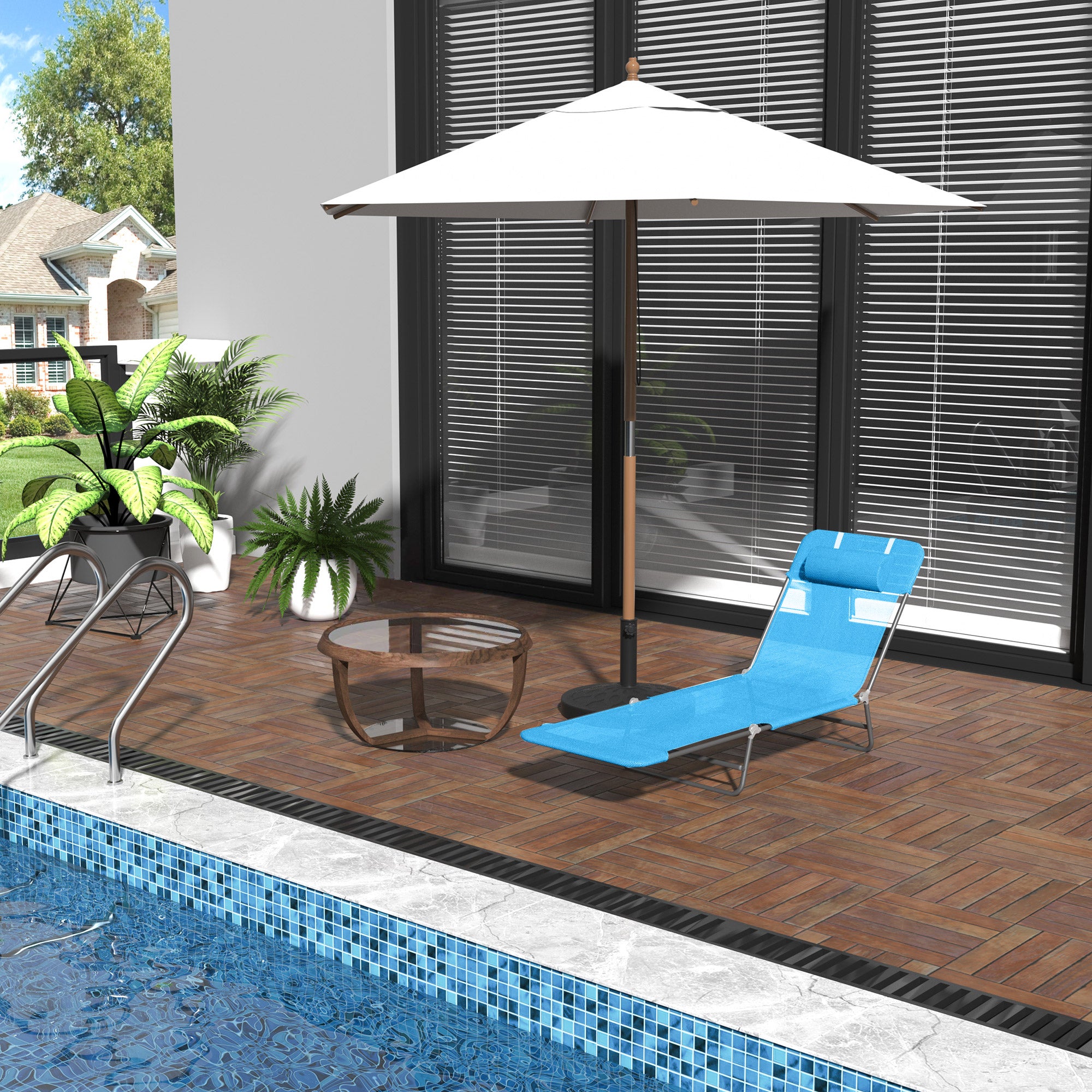 Folding Sun Lounger with Reclining Backrest and Cushion, Garden, Beach and Camping Lounger, Blue