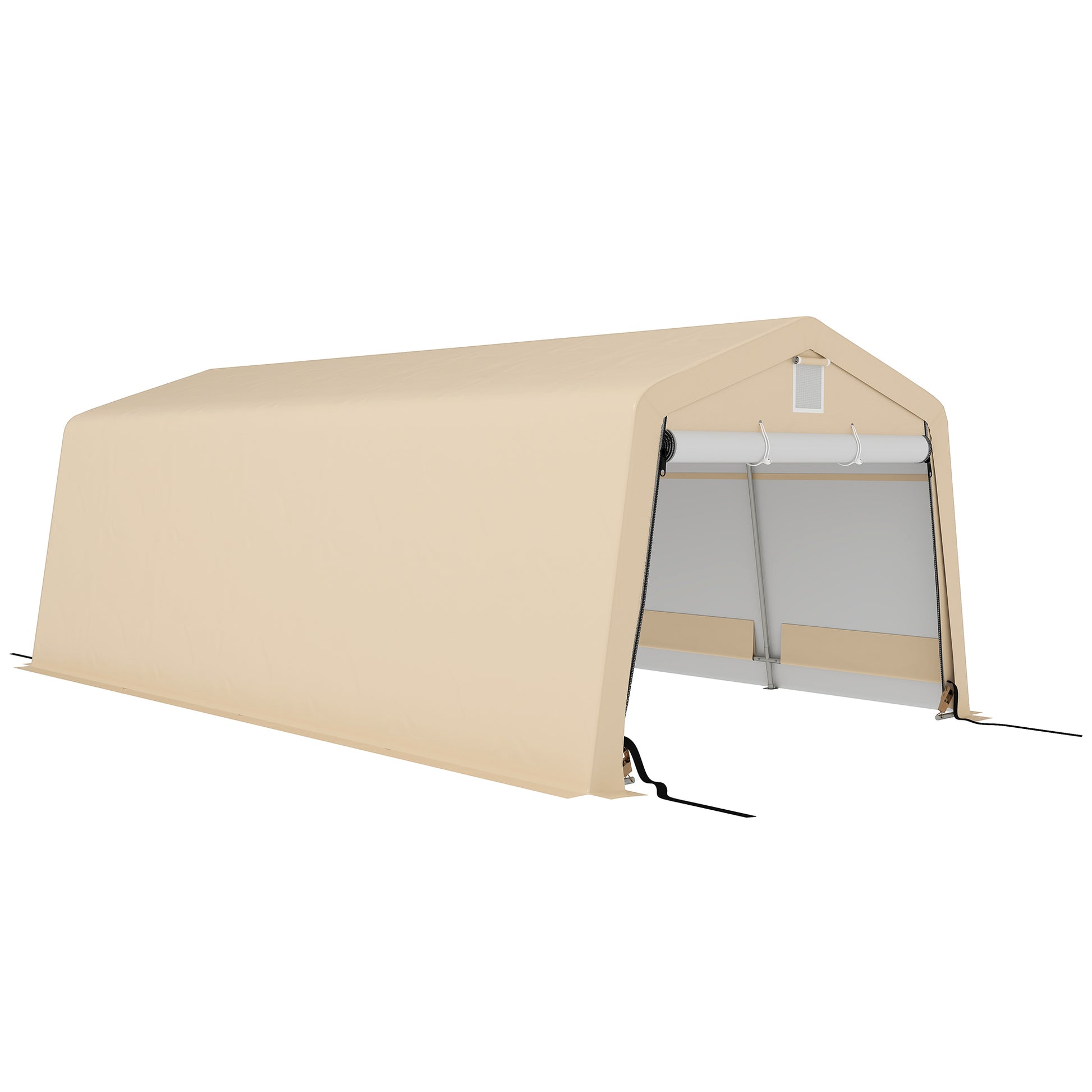Carport Garage Tent dim. 6.2L x 3.3W x 2.4H m Sturdy Galvanized Steel High Density 150 g/m² PE Waterproof Anti-UV, 1 Khaki Door and 2 Ventilations