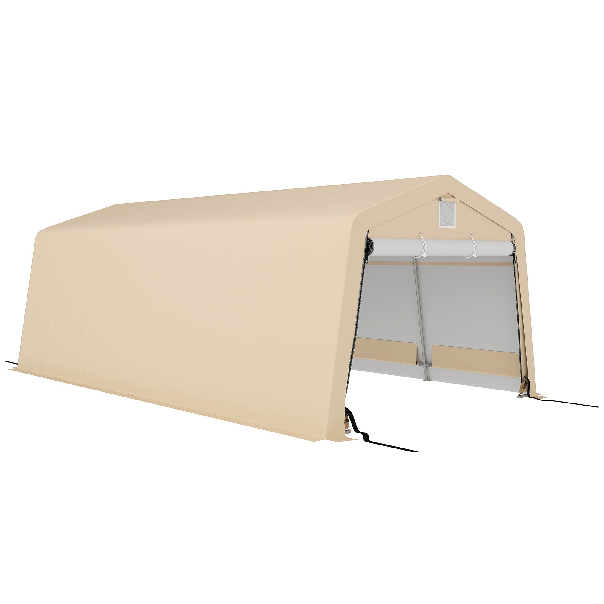 Carport Garage Tent dim. 6.2L x 3.3W x 2.4H m Sturdy Galvanized Steel High Density 150 g/m² PE Waterproof Anti-UV, 1 Khaki Door and 2 Ventilations