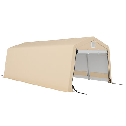 Carport Garage Tent dim. 6.2L x 3.3W x 2.4H m Sturdy Galvanized Steel High Density 150 g/m² PE Waterproof Anti-UV, 1 Khaki Door and 2 Ventilations