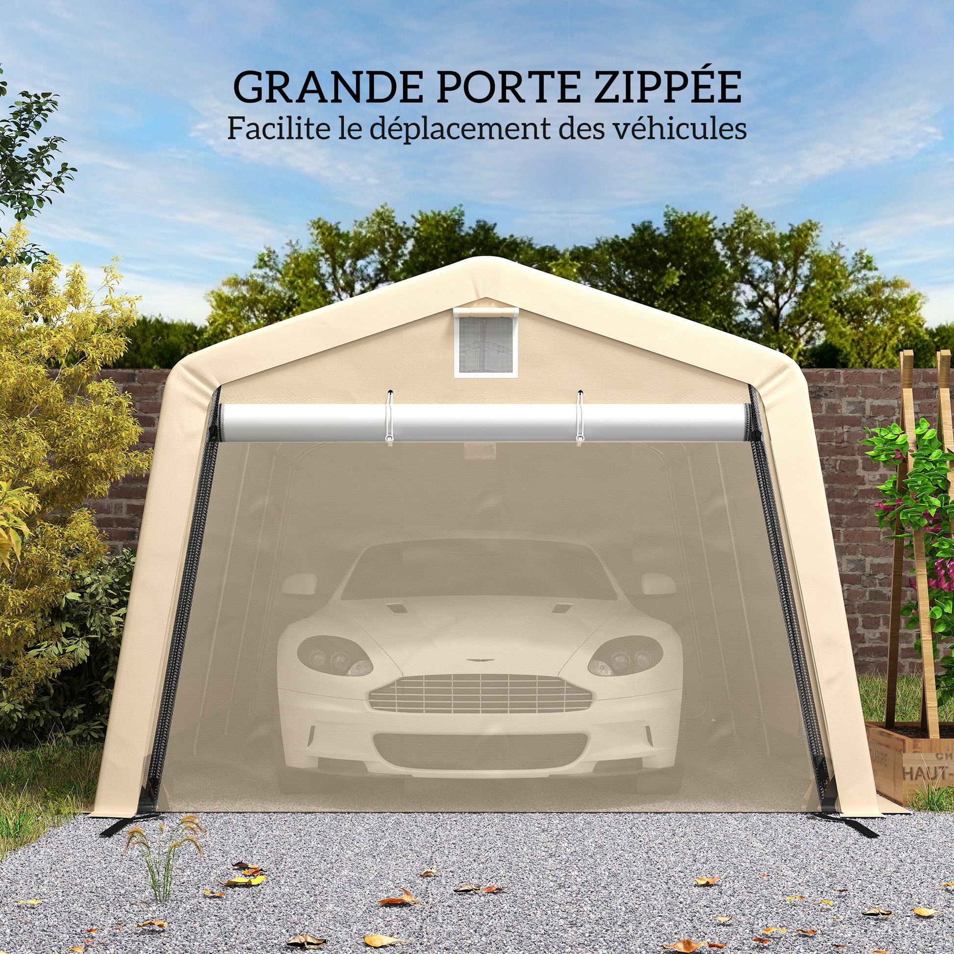 Carport Garage Tent dim. 6.2L x 3.3W x 2.4H m Sturdy Galvanized Steel High Density 150 g/m² PE Waterproof Anti-UV, 1 Khaki Door and 2 Ventilations
