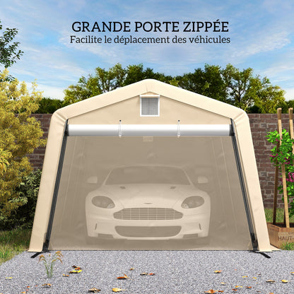 Carport Garage Tent dim. 6.2L x 3.3W x 2.4H m Sturdy Galvanized Steel High Density 150 g/m² PE Waterproof Anti-UV, 1 Khaki Door and 2 Ventilations