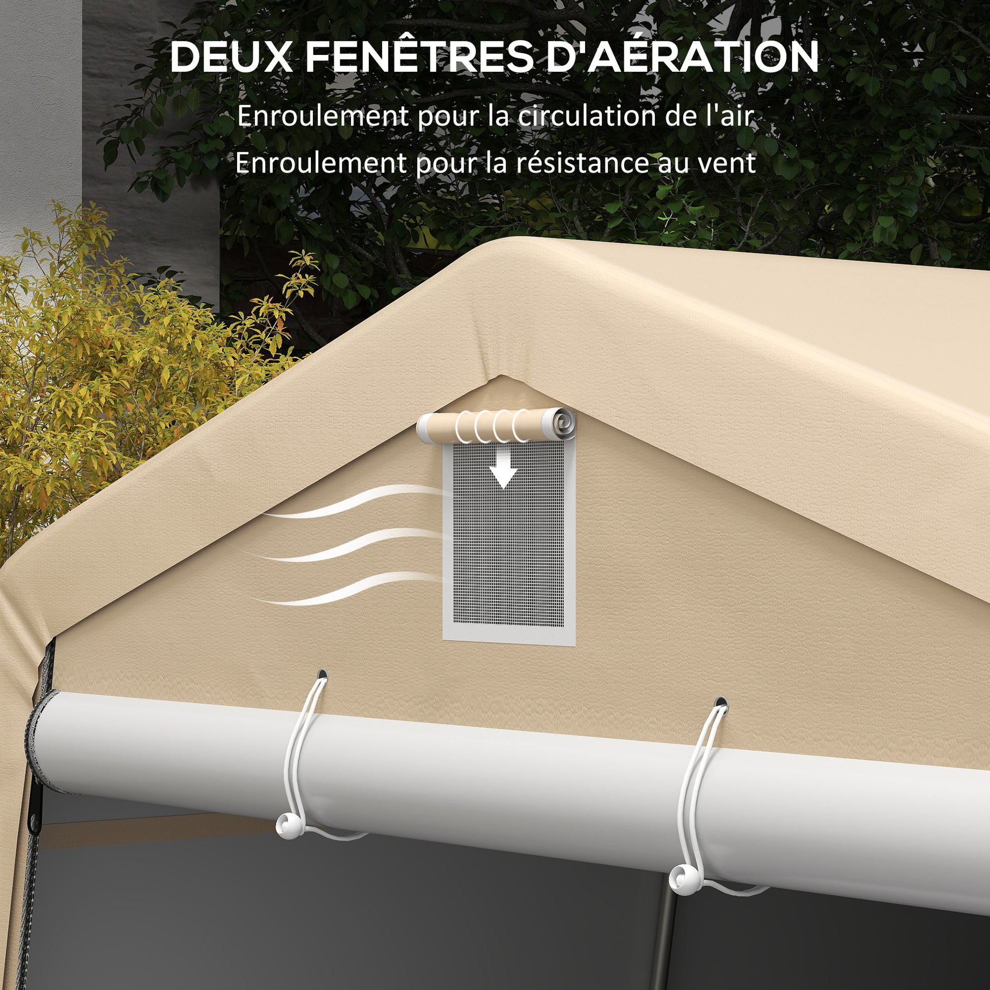 Carport Garage Tent dim. 6.2L x 3.3W x 2.4H m Sturdy Galvanized Steel High Density 150 g/m² PE Waterproof Anti-UV, 1 Khaki Door and 2 Ventilations