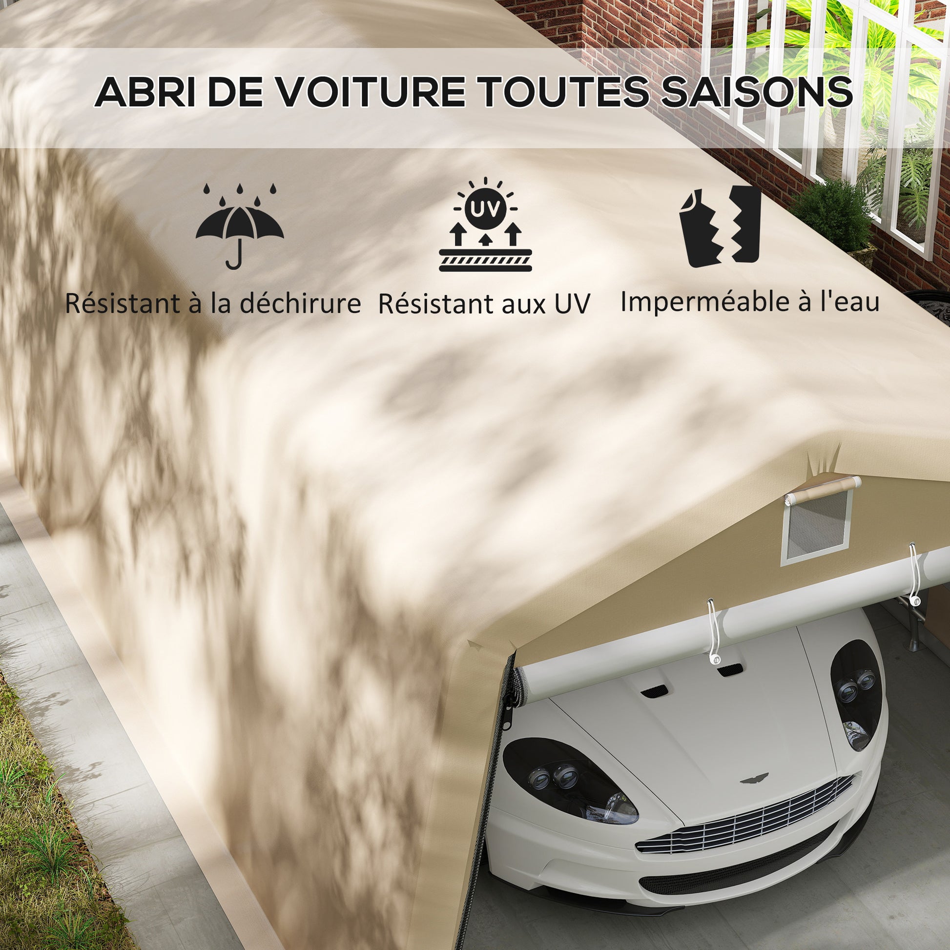 Carport Garage Tent dim. 6.2L x 3.3W x 2.4H m Sturdy Galvanized Steel High Density 150 g/m² PE Waterproof Anti-UV, 1 Khaki Door and 2 Ventilations