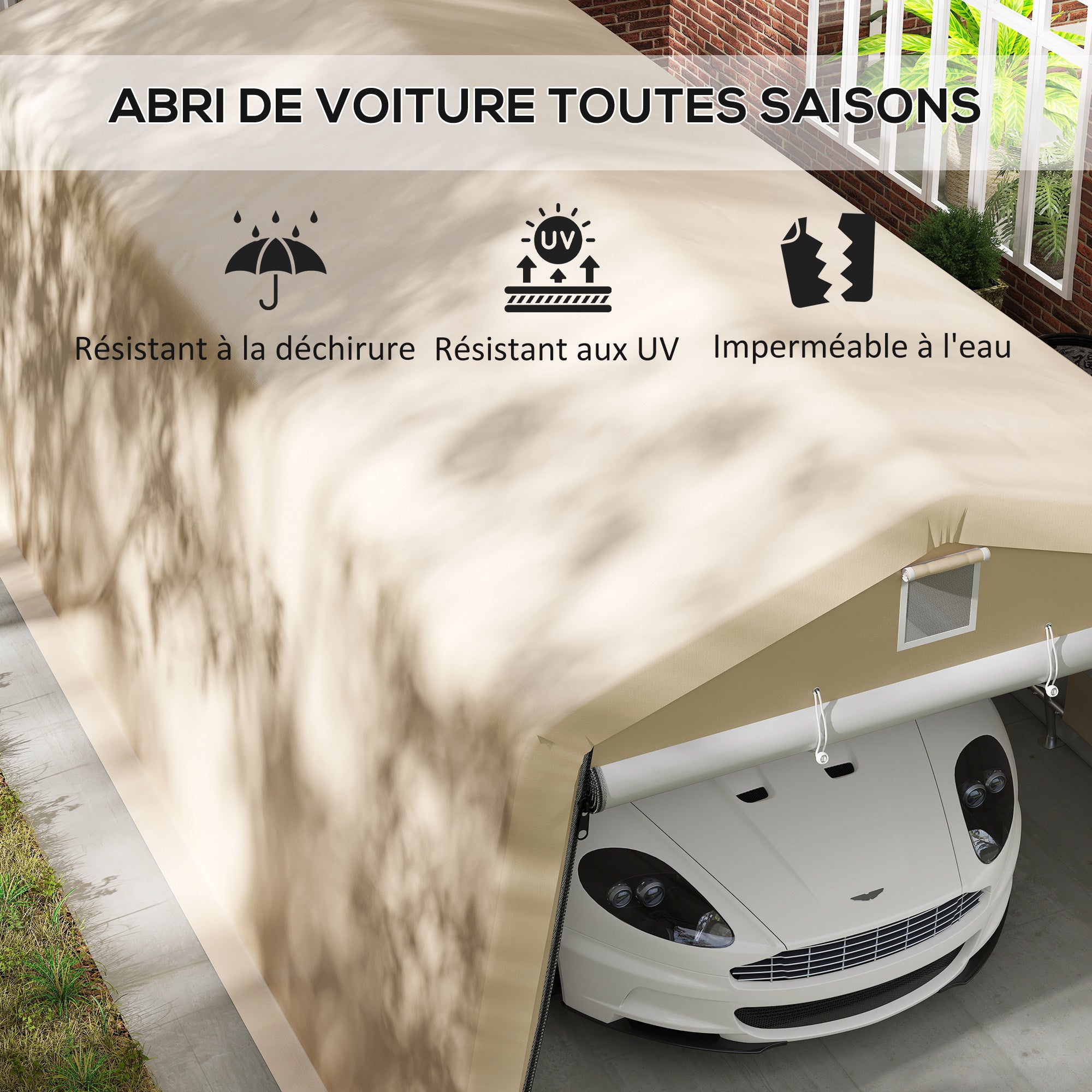 Carport Garage Tent dim. 6.2L x 3.3W x 2.4H m Sturdy Galvanized Steel High Density 150 g/m² PE Waterproof Anti-UV, 1 Khaki Door and 2 Ventilations
