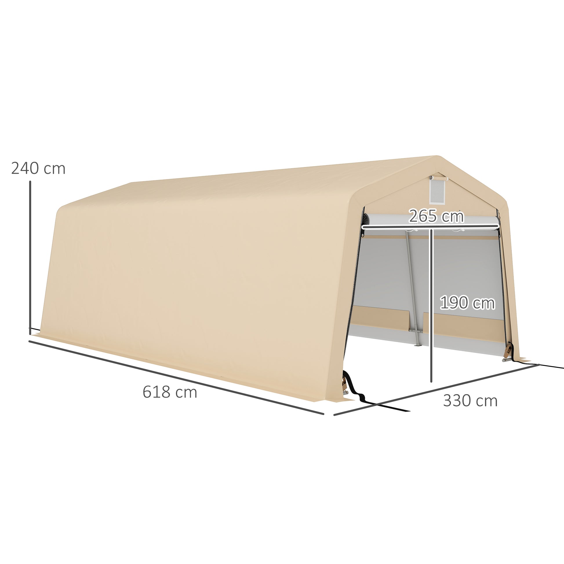 Carport Garage Tent dim. 6.2L x 3.3W x 2.4H m Sturdy Galvanized Steel High Density 150 g/m² PE Waterproof Anti-UV, 1 Khaki Door and 2 Ventilations