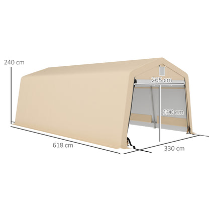 Carport Garage Tent dim. 6.2L x 3.3W x 2.4H m Sturdy Galvanized Steel High Density 150 g/m² PE Waterproof Anti-UV, 1 Khaki Door and 2 Ventilations