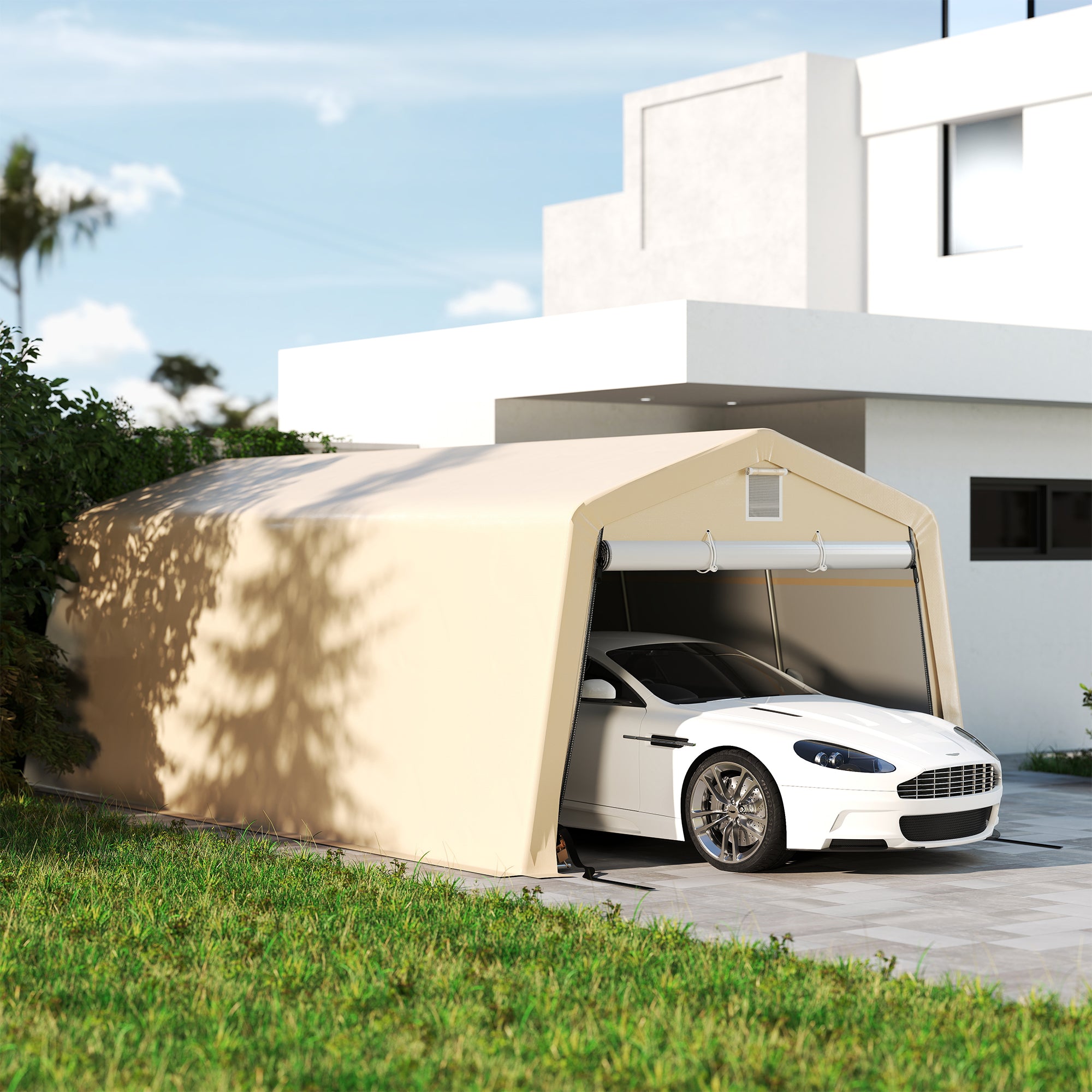 Carport Garage Tent dim. 6.2L x 3.3W x 2.4H m Sturdy Galvanized Steel High Density 150 g/m² PE Waterproof Anti-UV, 1 Khaki Door and 2 Ventilations
