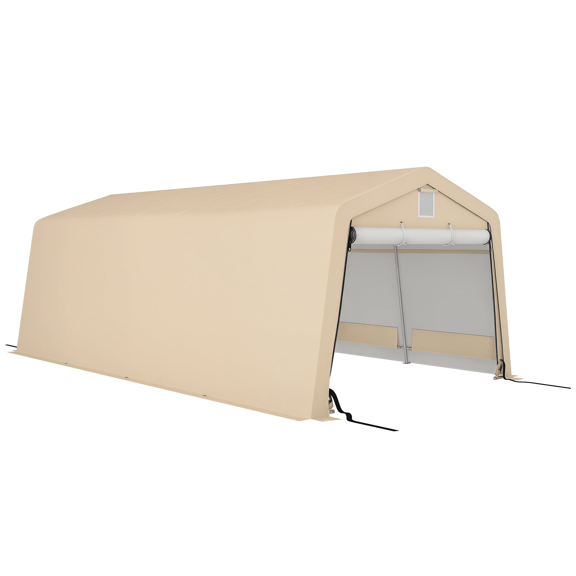 Carport Garage Tent dim. 6.2L x 3.3W x 2.4H m Sturdy Galvanized Steel High Density 150 g/m² PE Waterproof Anti-UV, 1 Khaki Door and 2 Ventilations