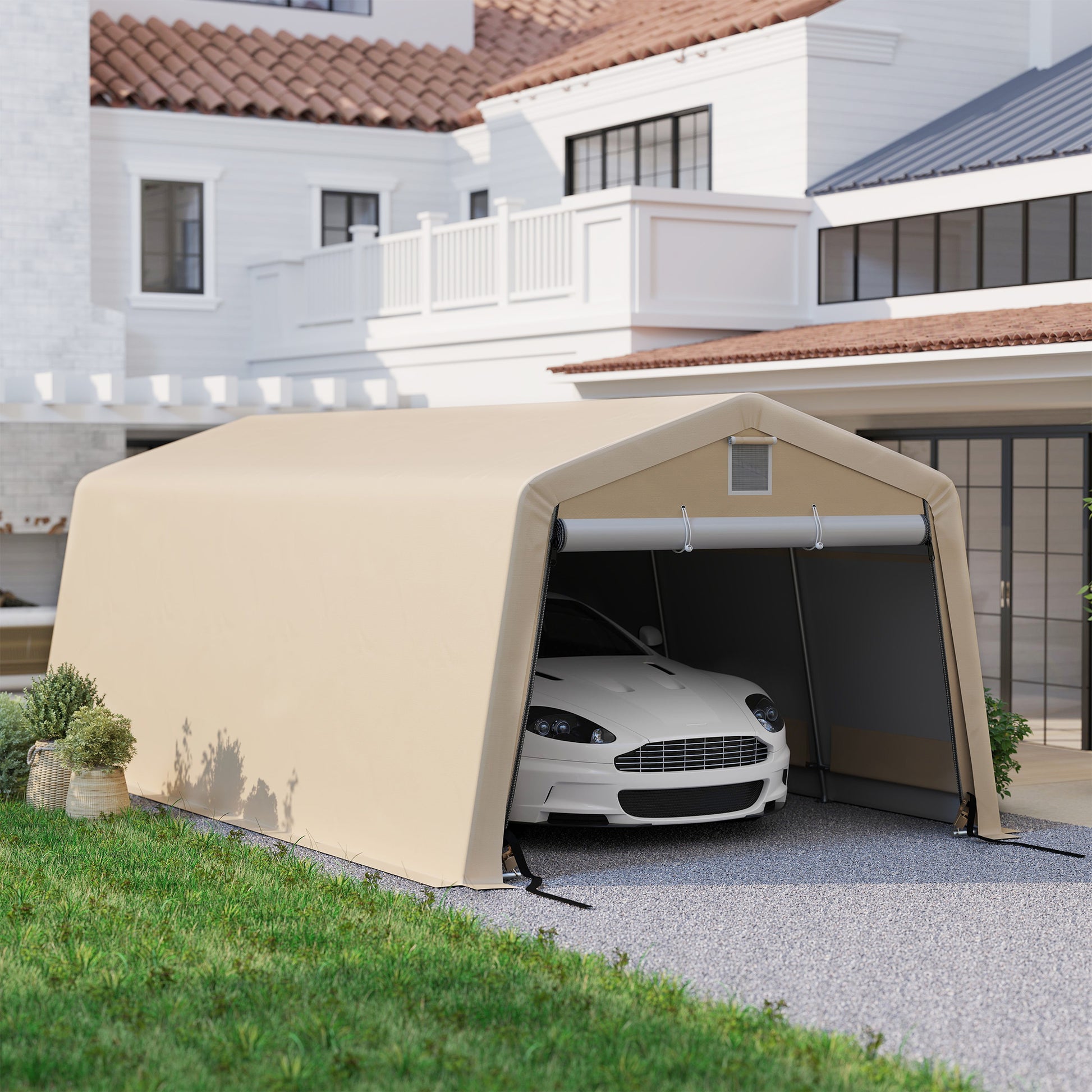 Carport Garage Tent dim. 6.2L x 3.3W x 2.4H m Sturdy Galvanized Steel High Density 150 g/m² PE Waterproof Anti-UV, 1 Khaki Door and 2 Ventilations
