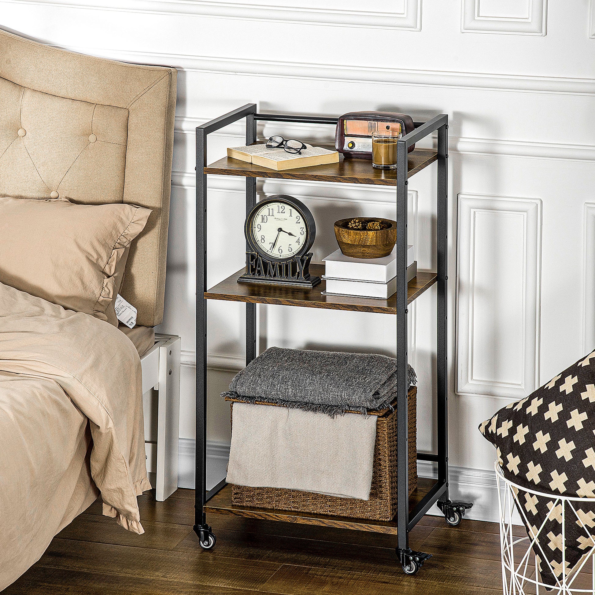 3-Tier Adjustable Storage Cart Printer Stand with Wheels for Office Kitchen Bedroom 19.7x13.8x39.6 inches Rustic Brown