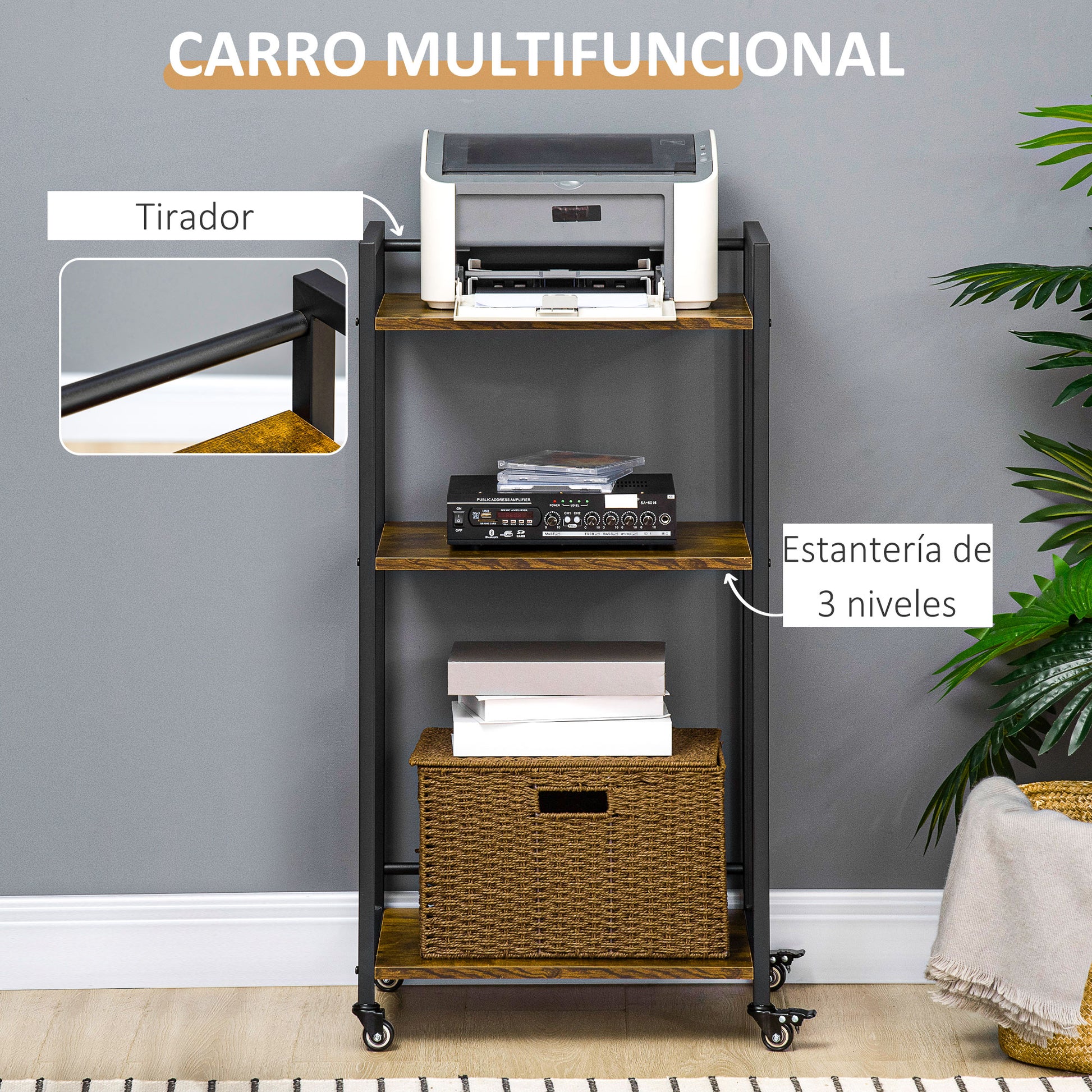3-Tier Adjustable Storage Cart Printer Stand with Wheels for Office Kitchen Bedroom 19.7x13.8x39.6 inches Rustic Brown