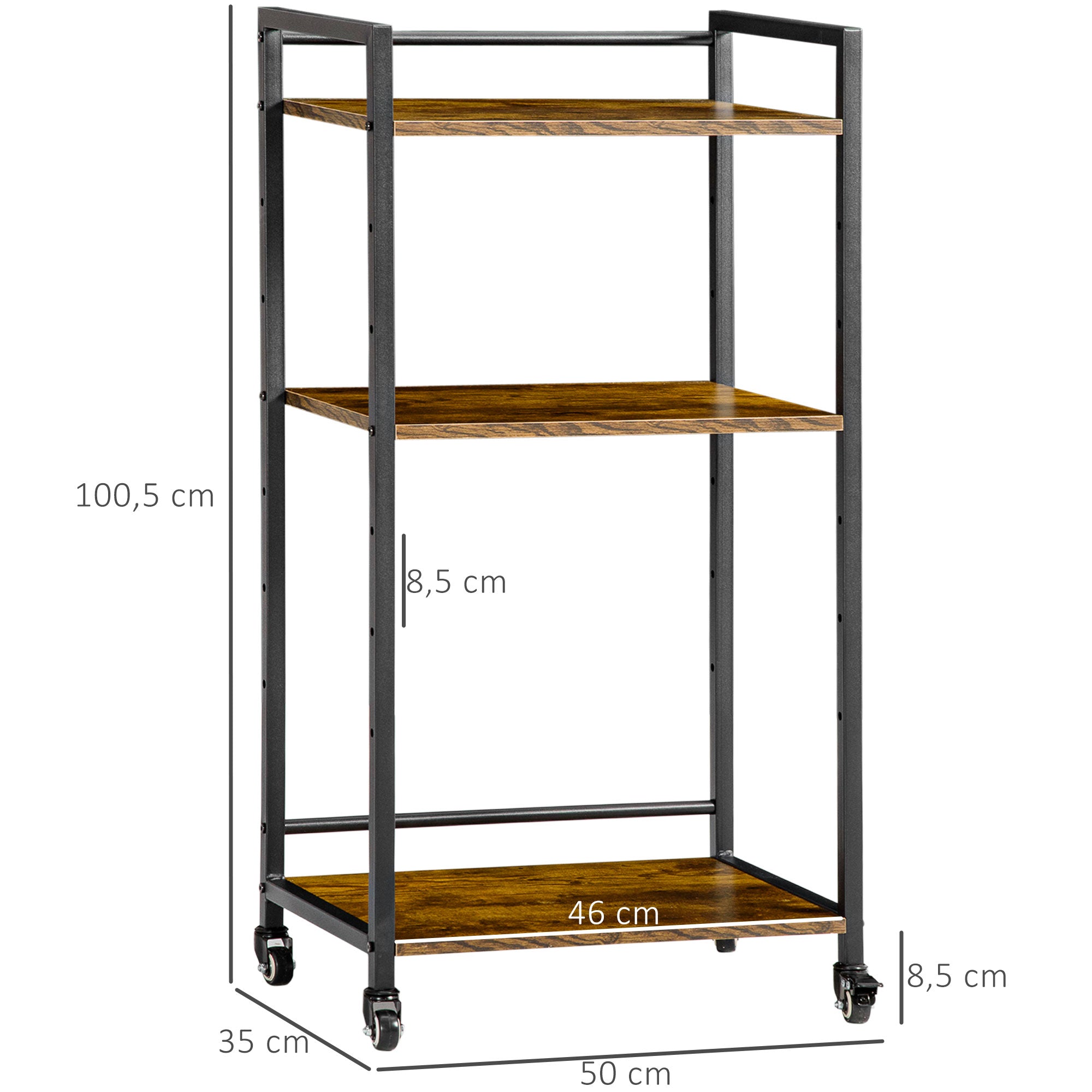 3-Tier Adjustable Storage Cart Printer Stand with Wheels for Office Kitchen Bedroom 19.7x13.8x39.6 inches Rustic Brown