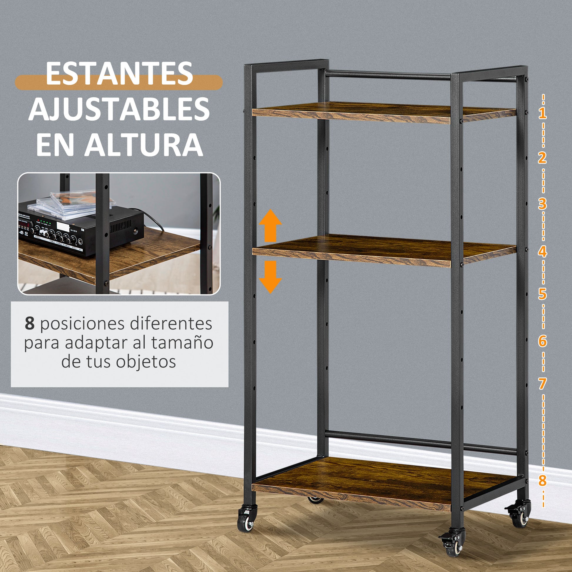 3-Tier Adjustable Storage Cart Printer Stand with Wheels for Office Kitchen Bedroom 19.7x13.8x39.6 inches Rustic Brown