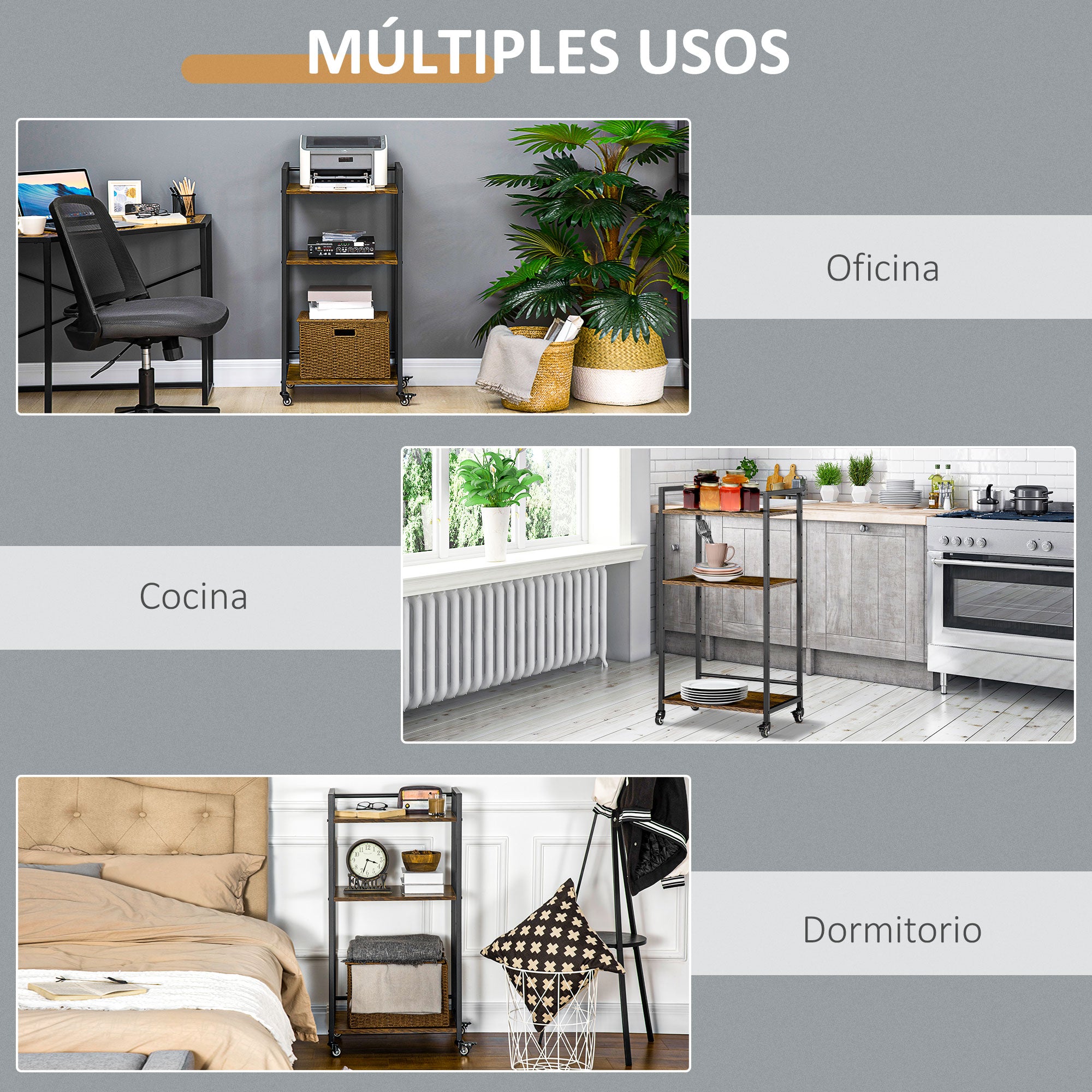3-Tier Adjustable Storage Cart Printer Stand with Wheels for Office Kitchen Bedroom 19.7x13.8x39.6 inches Rustic Brown