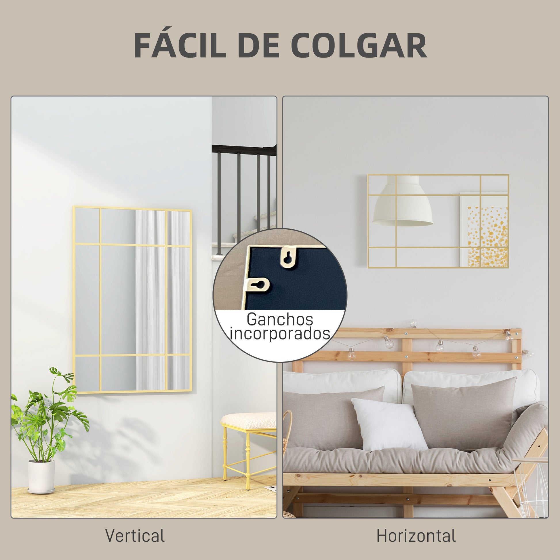 Rectangular Wall Mirror 90x60 cm with Metal Frame Decorative Mirror for Living Room Bedroom Entryway Gold