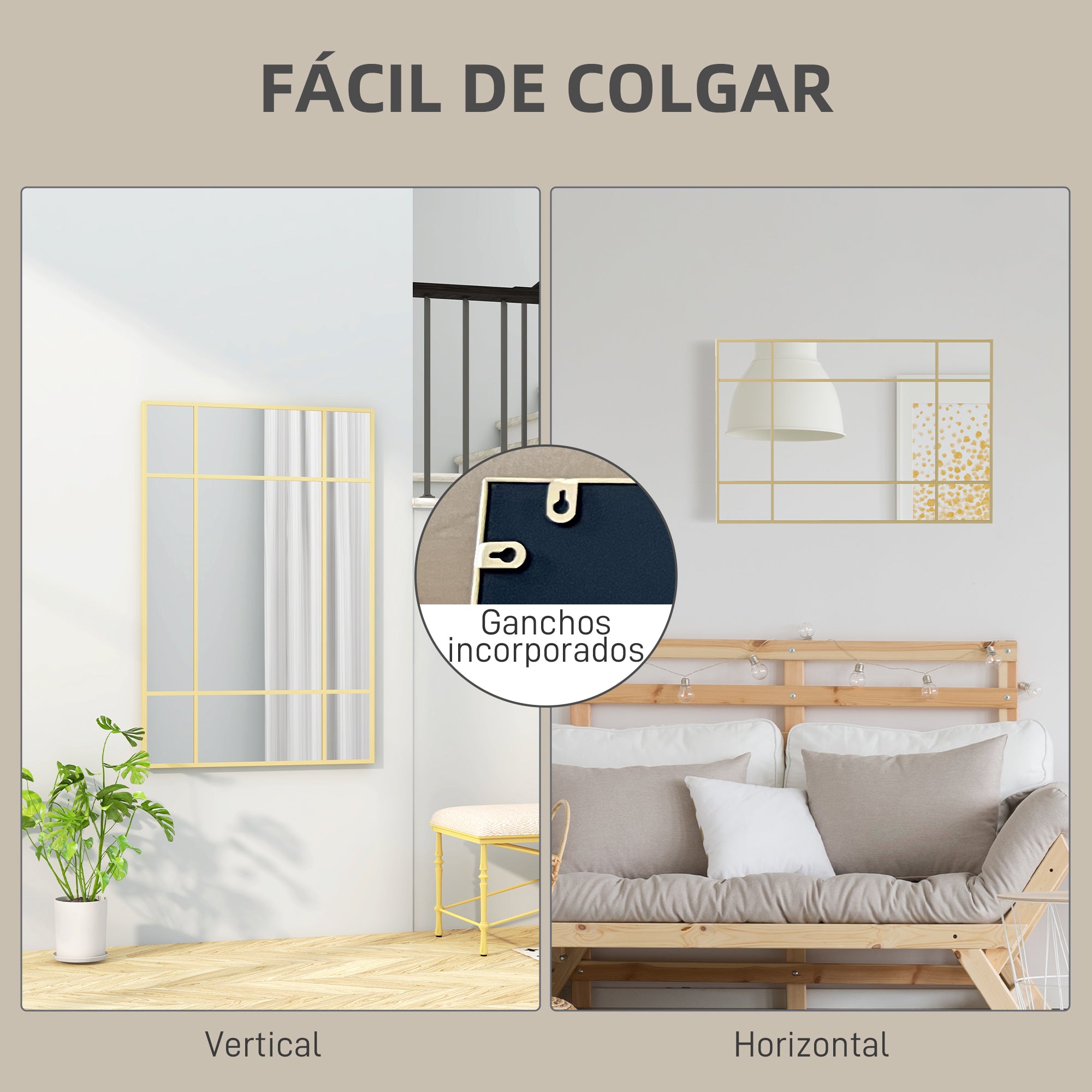 Rectangular Wall Mirror 90x60 cm with Metal Frame Decorative Mirror for Living Room Bedroom Entryway Gold